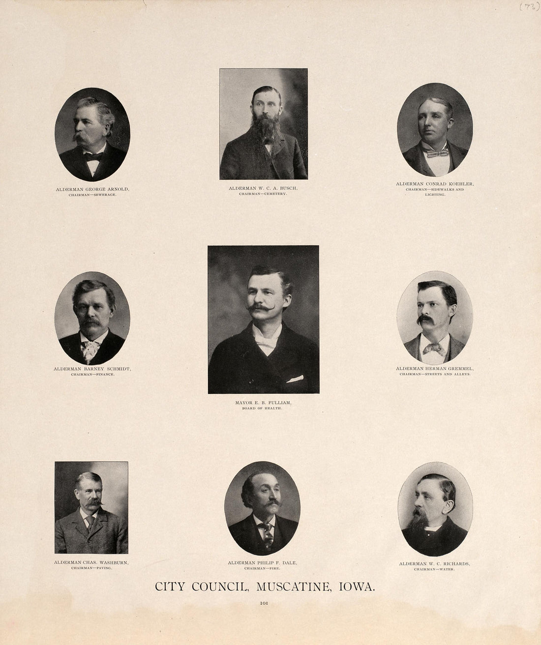 City Council Mascatine, Iowa from Atlas of Muscatine County, Iowa : Containing Maps of Villages, Cities and Townships of the County, Maps of State, United States and World : Farmers Directory, Business Directory, General Information, Analysis of … 1899 by Relic Map Company