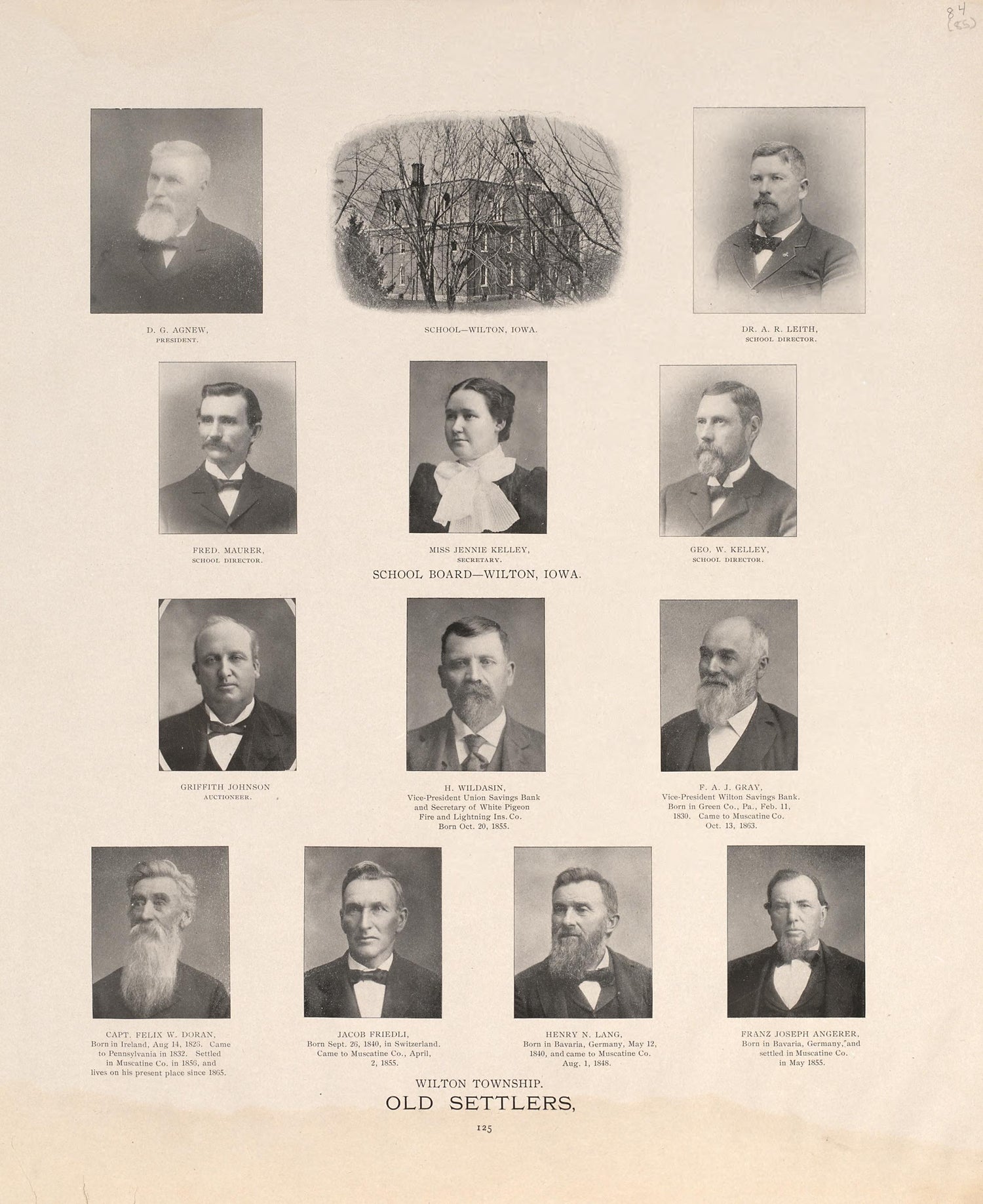 School Board - Wilton, Iowa; Wilton Township - Old Settlers from Atlas of Muscatine County, Iowa : Containing Maps of Villages, Cities and Townships of the County, Maps of State, United States and World : Farmers Directory, Business Directory, General... by Relic Map Company