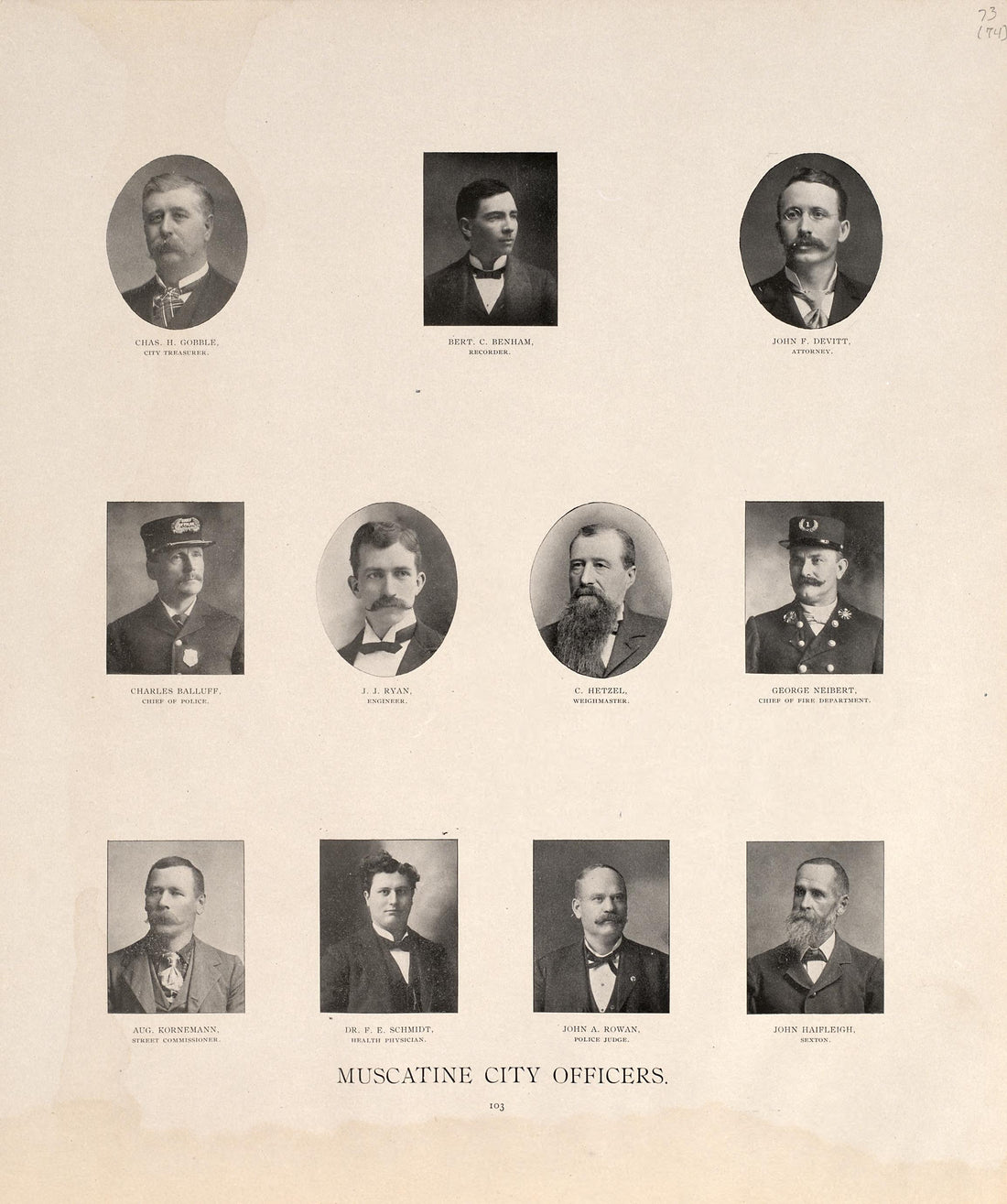 Muscatine City Officers from Atlas of Muscatine County, Iowa : Containing Maps of Villages, Cities and Townships of the County, Maps of State, United States and World : Farmers Directory, Business Directory, General Information, Analysis of … 1899 by Relic Map Company