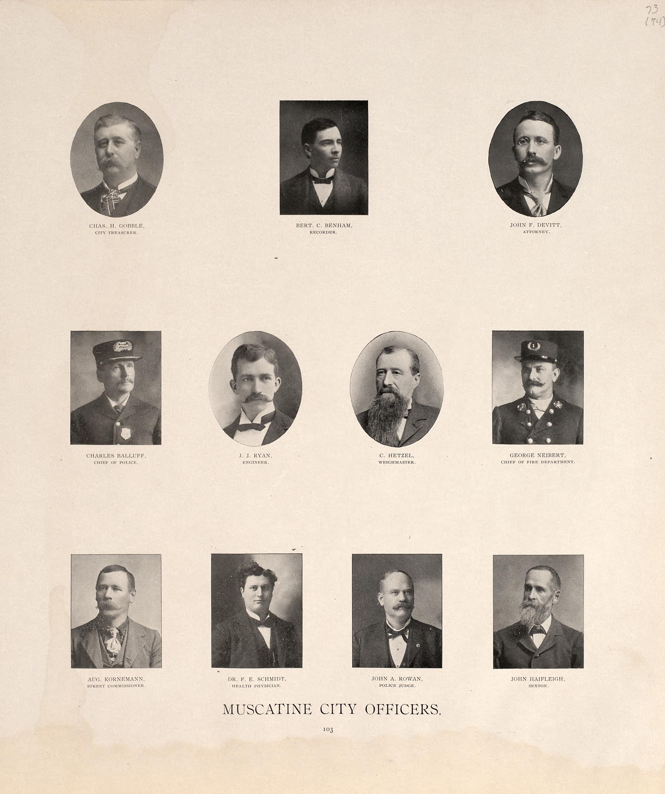 Muscatine City Officers from Atlas of Muscatine County, Iowa : Containing Maps of Villages, Cities and Townships of the County, Maps of State, United States and World : Farmers Directory, Business Directory, General Information, Analysis of … 1899 by Relic Map Company