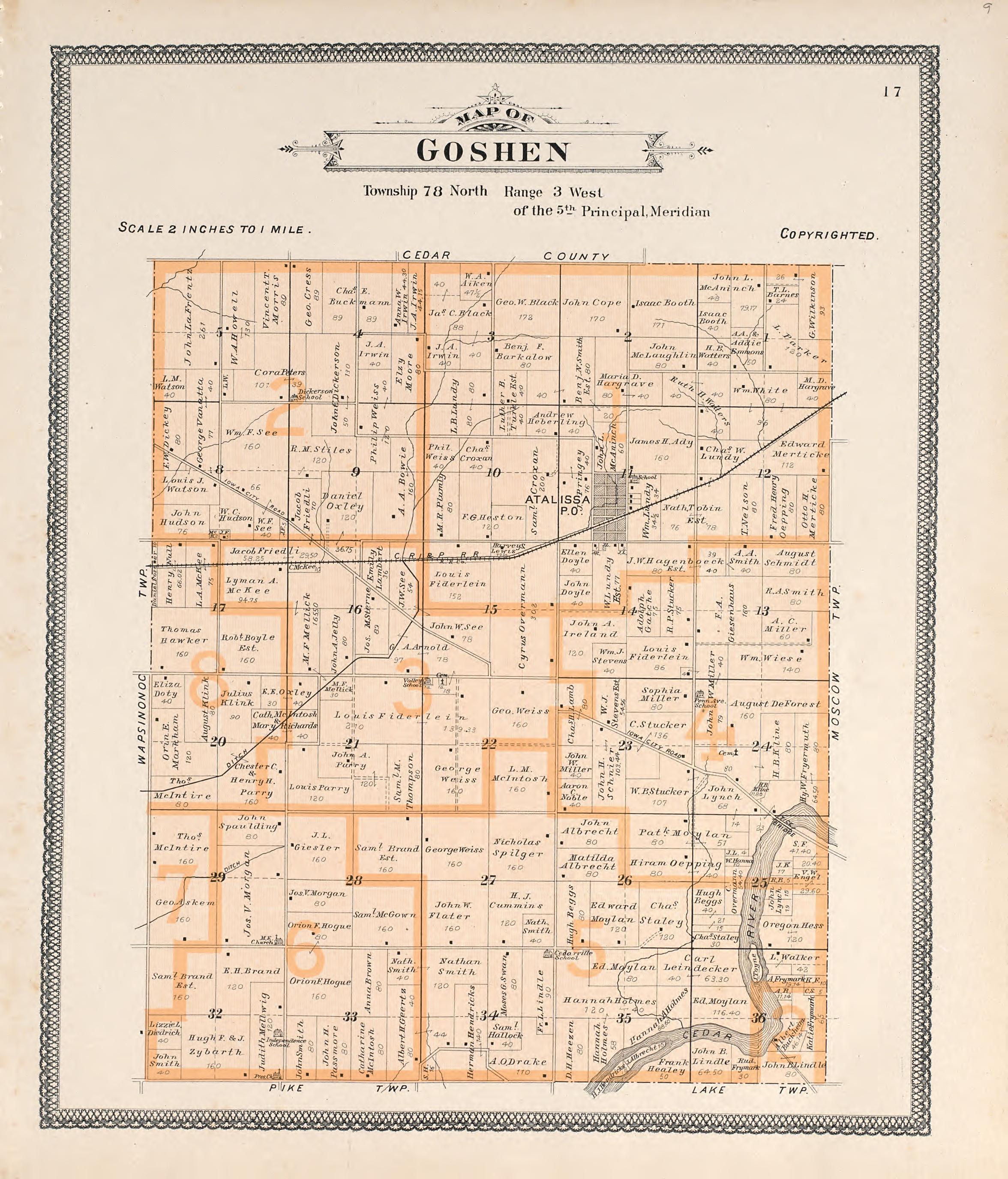 Map of Goshen from Atlas of Muscatine County, Iowa : Containing Maps of Villages, Cities and Townships of the County, Maps of State, United States and World : Farmers Directory, Business Directory, General Information, Analysis of … 1899 by Relic Map Company