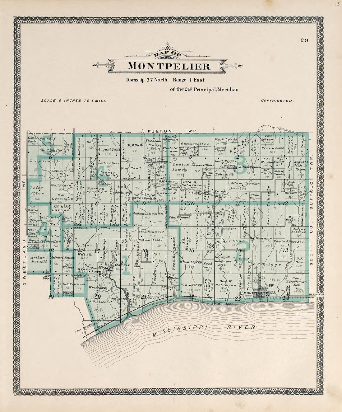 Map of Montpelier from Atlas of Muscatine County, Iowa : Containing Maps of Villages, Cities and Townships of the County, Maps of State, United States and World : Farmers Directory, Business Directory, General Information, Analysis of … 1899 by Relic Map Company