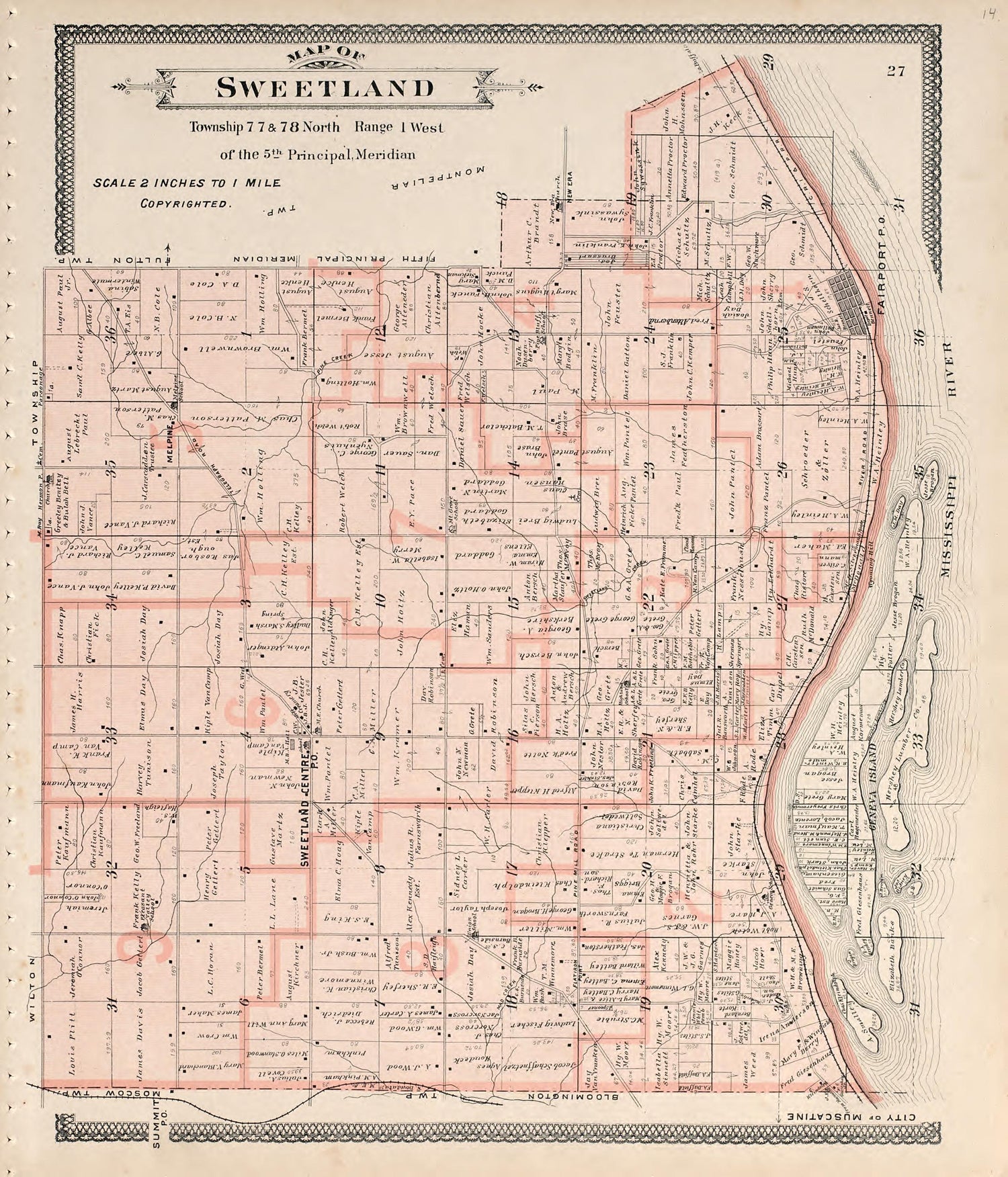 Map of Sweetland from Atlas of Muscatine County, Iowa : Containing Maps of Villages, Cities and Townships of the County, Maps of State, United States and World : Farmers Directory, Business Directory, General Information, Analysis of … 1899 by Relic Map Company