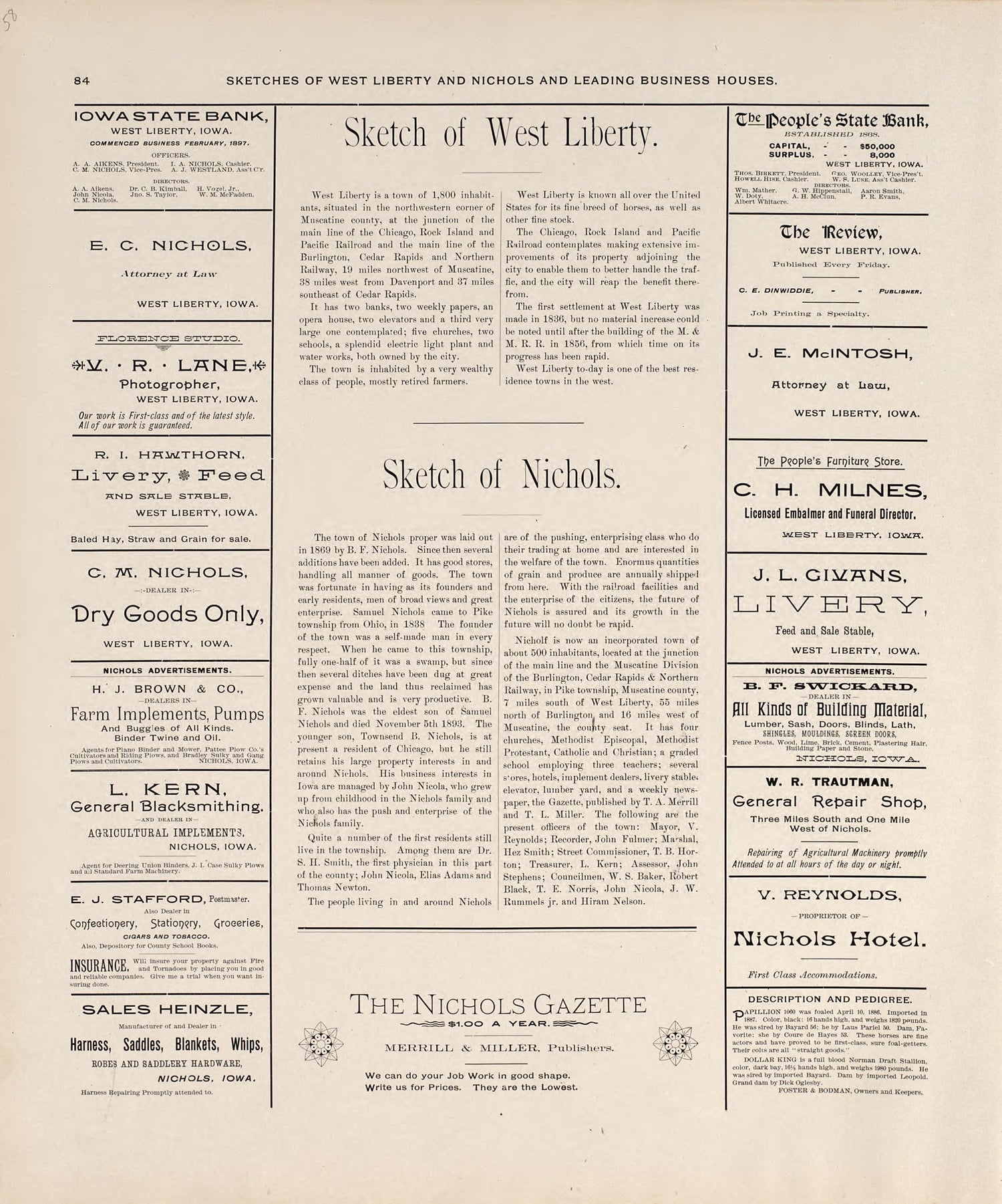 Sketches of West Liberty and Nichols and Leading Business Houses from Atlas of Muscatine County, Iowa : Containing Maps of Villages, Cities and Townships of the County, Maps of State, United States and World : Farmers Directory, Business Directory, Ge... by Relic Map Company