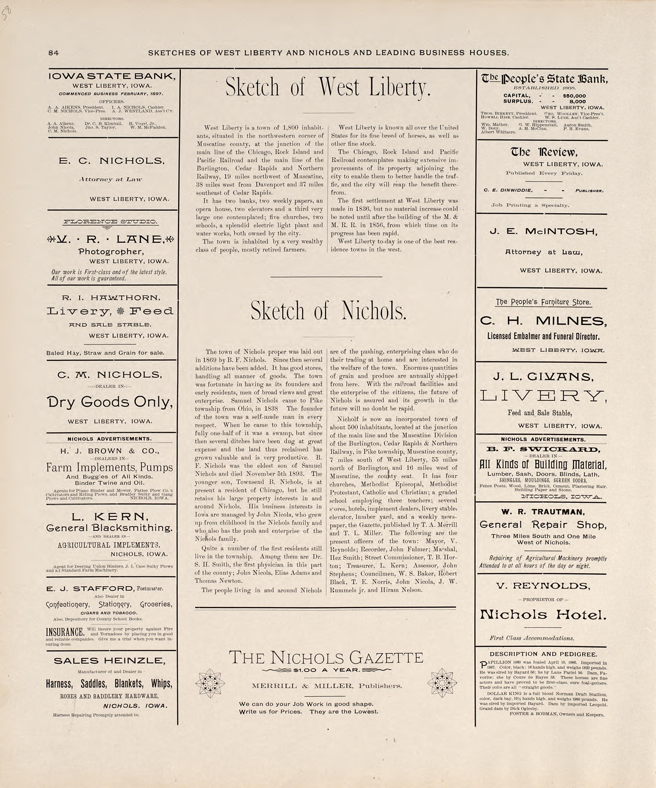 Sketches of West Liberty and Nichols and Leading Business Houses from Atlas of Muscatine County, Iowa : Containing Maps of Villages, Cities and Townships of the County, Maps of State, United States and World : Farmers Directory, Business Directory, Ge... by Relic Map Company
