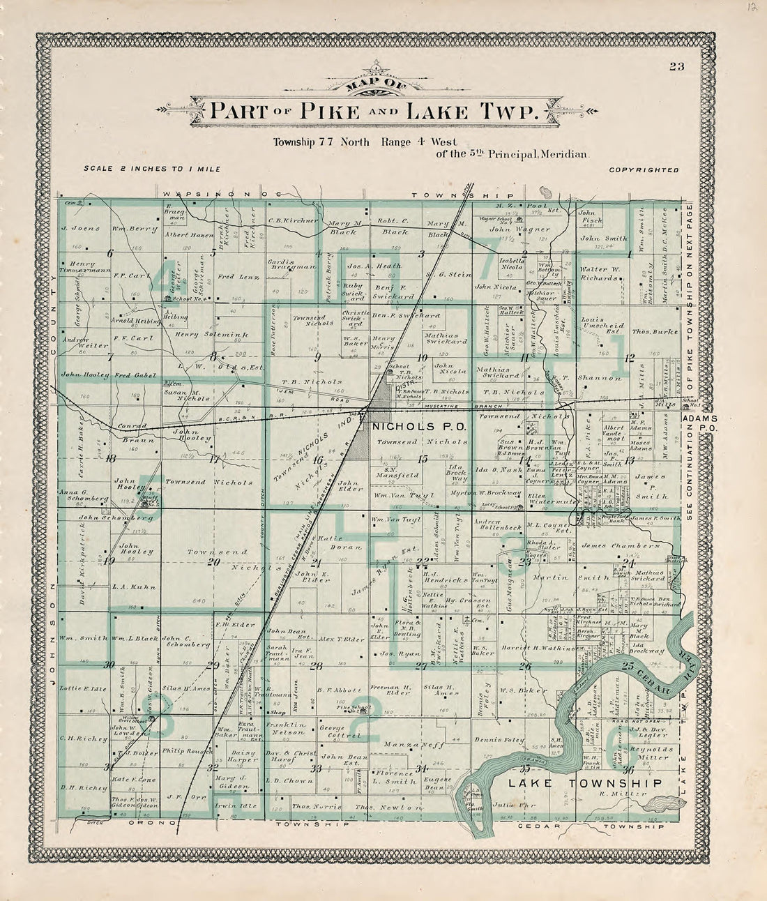 Map of Part of Pike and Lake Township from Atlas of Muscatine County, Iowa : Containing Maps of Villages, Cities and Townships of the County, Maps of State, United States and World : Farmers Directory, Business Directory, General Information, Analysis... by Relic Map Company