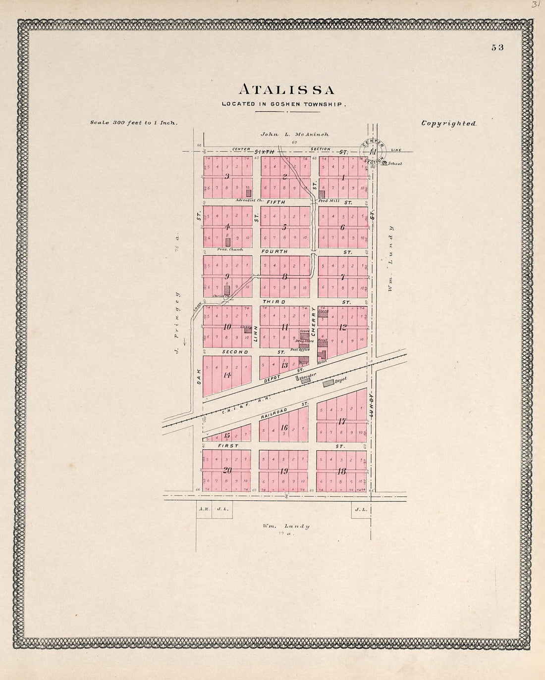 Atalissa from Atlas of Muscatine County, Iowa : Containing Maps of Villages, Cities and Townships of the County, Maps of State, United States and World : Farmers Directory, Business Directory, General Information, Analysis of … 1899 by Relic Map Company
