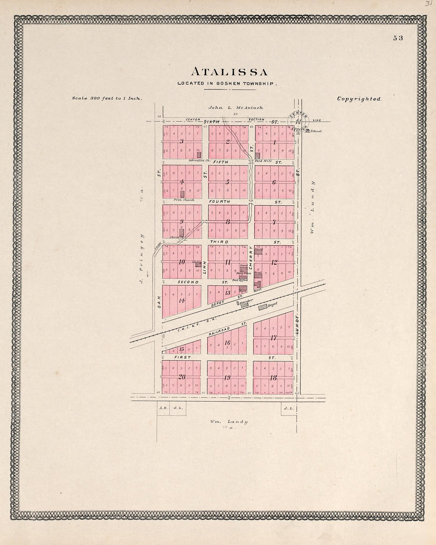 Atalissa from Atlas of Muscatine County, Iowa : Containing Maps of Villages, Cities and Townships of the County, Maps of State, United States and World : Farmers Directory, Business Directory, General Information, Analysis of … 1899 by Relic Map Company