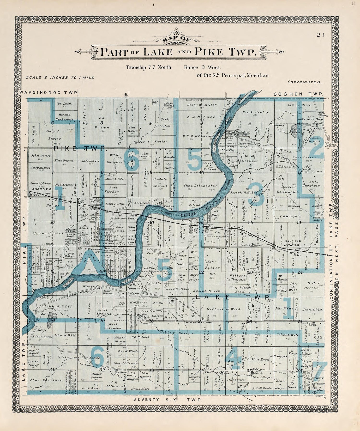 Map of Part of Lake and Pike Township from Atlas of Muscatine County, Iowa : Containing Maps of Villages, Cities and Townships of the County, Maps of State, United States and World : Farmers Directory, Business Directory, General Information, Analysis... by Relic Map Company