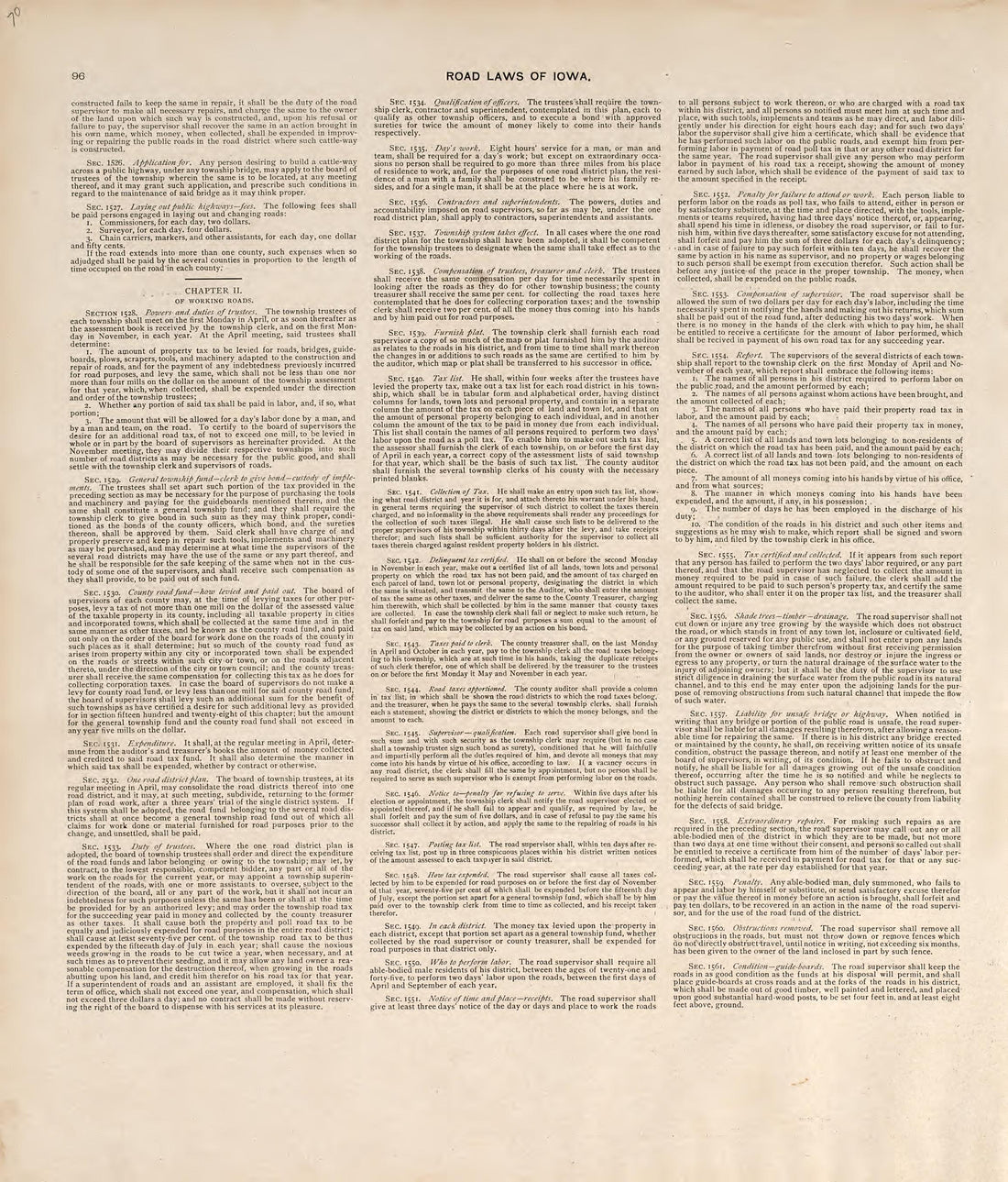 Road Laws of Iowa from Atlas of Muscatine County, Iowa : Containing Maps of Villages, Cities and Townships of the County, Maps of State, United States and World : Farmers Directory, Business Directory, General Information, Analysis of … 1899 by Relic Map Company