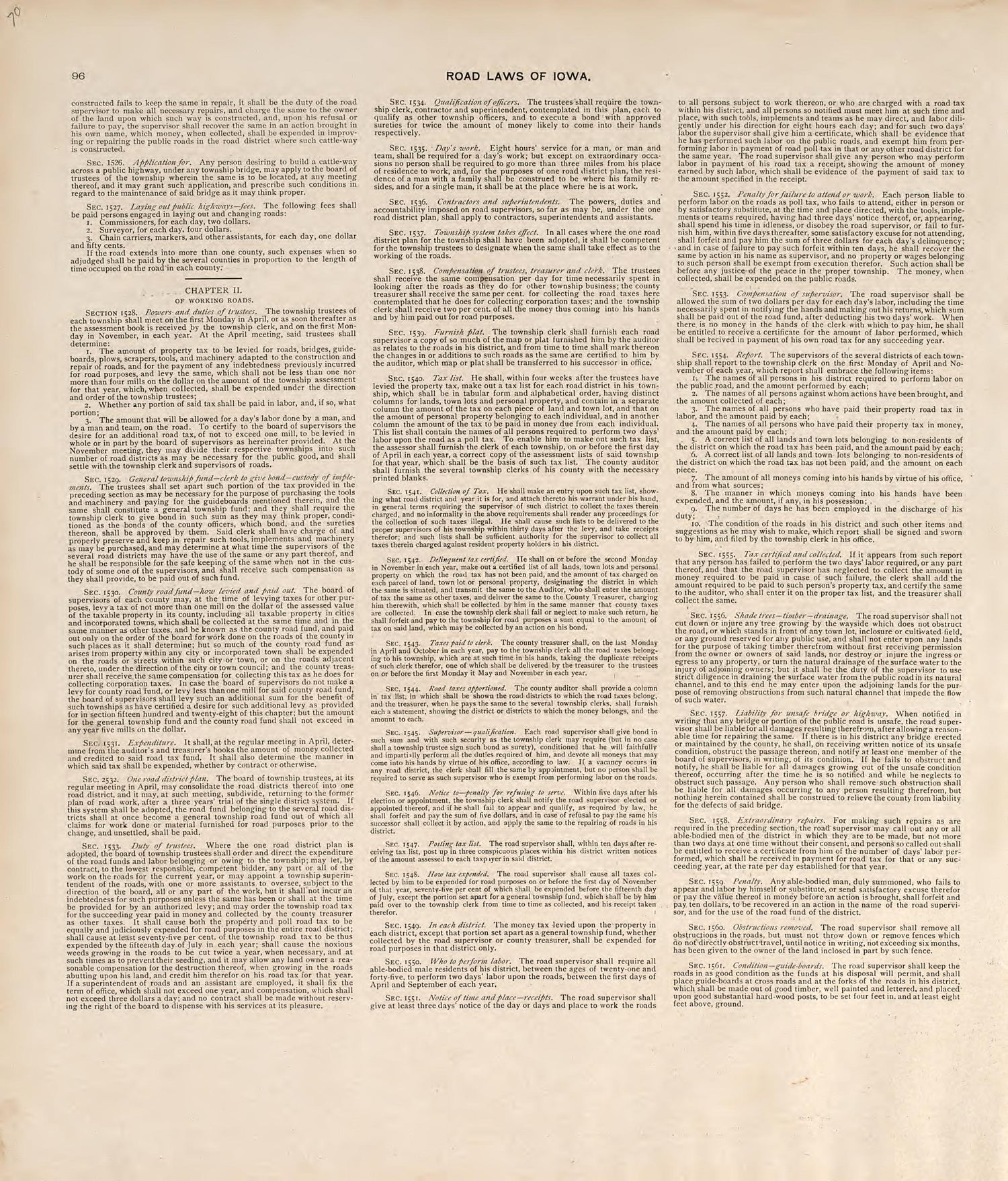 Road Laws of Iowa from Atlas of Muscatine County, Iowa : Containing Maps of Villages, Cities and Townships of the County, Maps of State, United States and World : Farmers Directory, Business Directory, General Information, Analysis of … 1899 by Relic Map Company