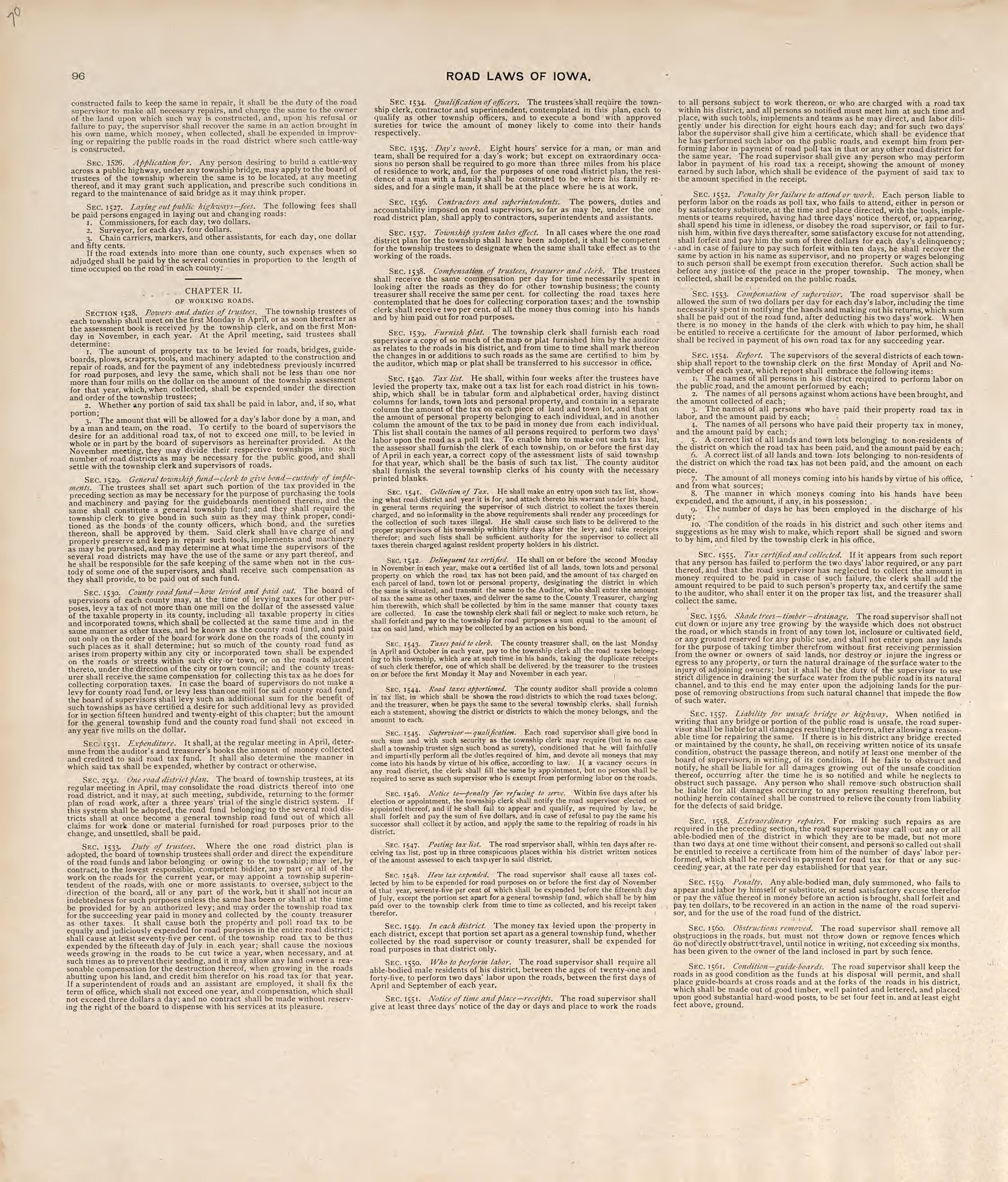 Road Laws of Iowa from Atlas of Muscatine County, Iowa : Containing Maps of Villages, Cities and Townships of the County, Maps of State, United States and World : Farmers Directory, Business Directory, General Information, Analysis of … 1899 by Relic Map Company