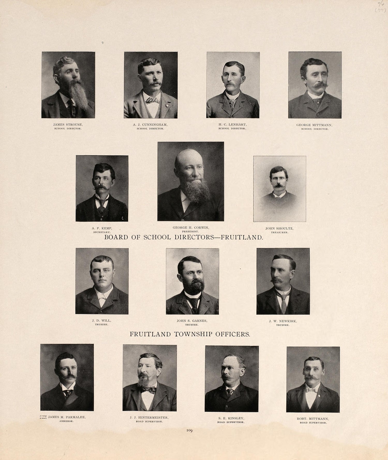 Board of School Directors - Fruitland; Fruitland Township Officers from Atlas of Muscatine County, Iowa : Containing Maps of Villages, Cities and Townships of the County, Maps of State, United States and World : Farmers Directory, Business Directory, ... by Relic Map Company