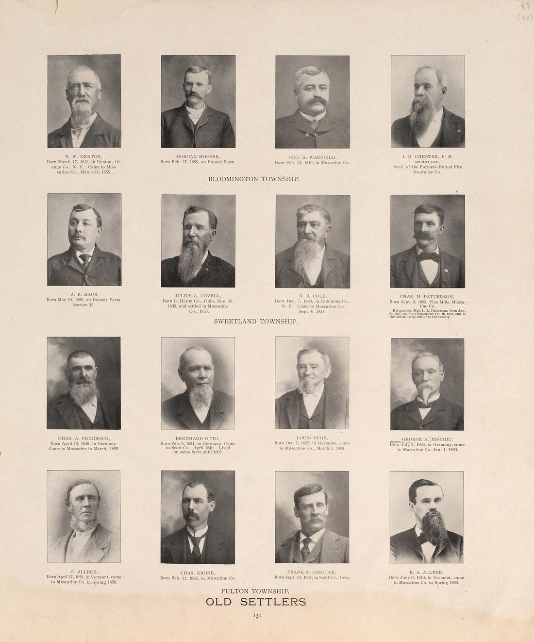 Old Settlers from Atlas of Muscatine County, Iowa : Containing Maps of Villages, Cities and Townships of the County, Maps of State, United States and World : Farmers Directory, Business Directory, General Information, Analysis of … 1899 by Relic Map Company