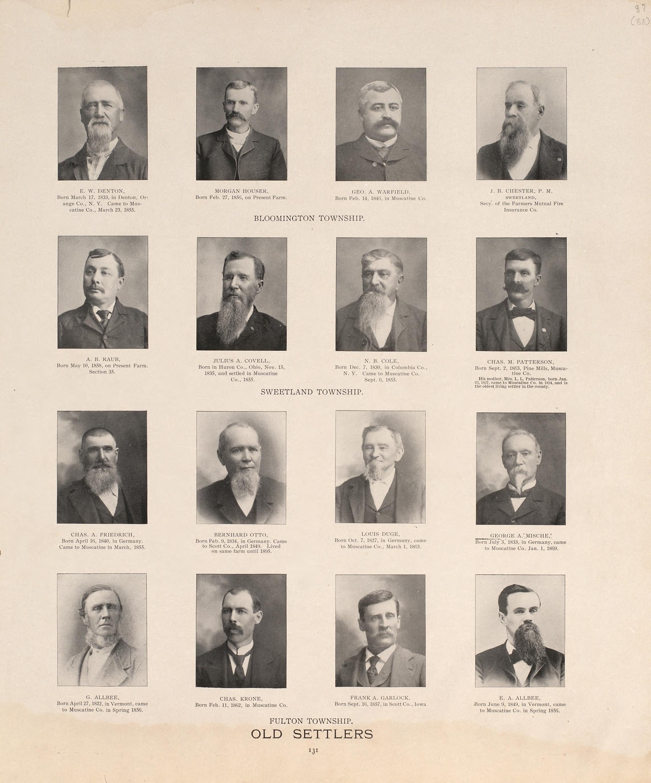 Old Settlers from Atlas of Muscatine County, Iowa : Containing Maps of Villages, Cities and Townships of the County, Maps of State, United States and World : Farmers Directory, Business Directory, General Information, Analysis of … 1899 by Relic Map Company