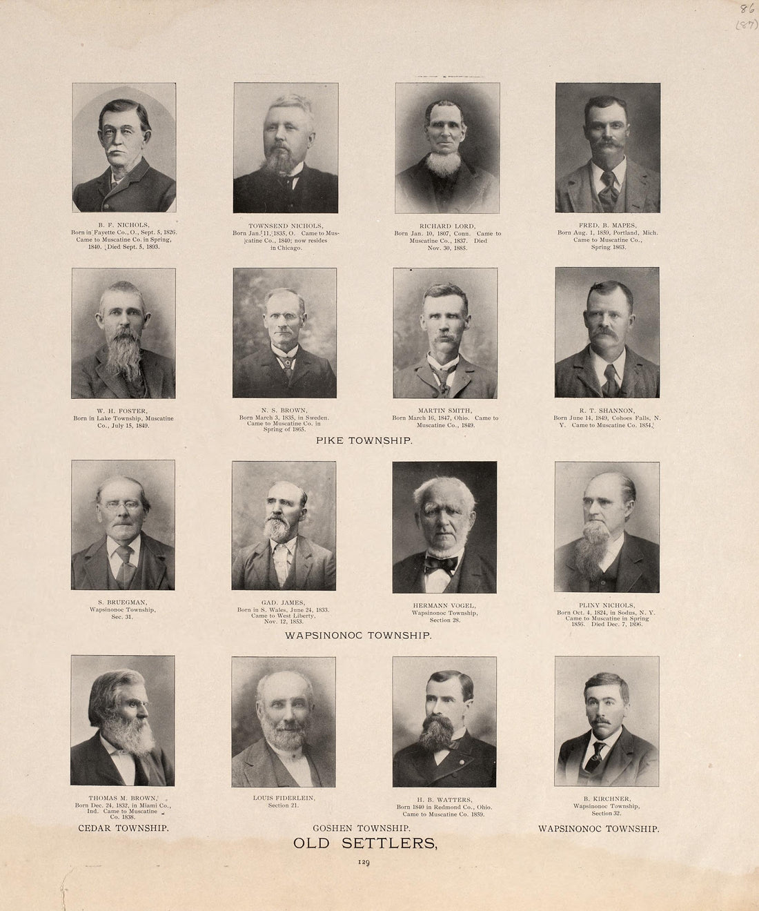 Old Settlers from Atlas of Muscatine County, Iowa : Containing Maps of Villages, Cities and Townships of the County, Maps of State, United States and World : Farmers Directory, Business Directory, General Information, Analysis of … 1899 by Relic Map Company