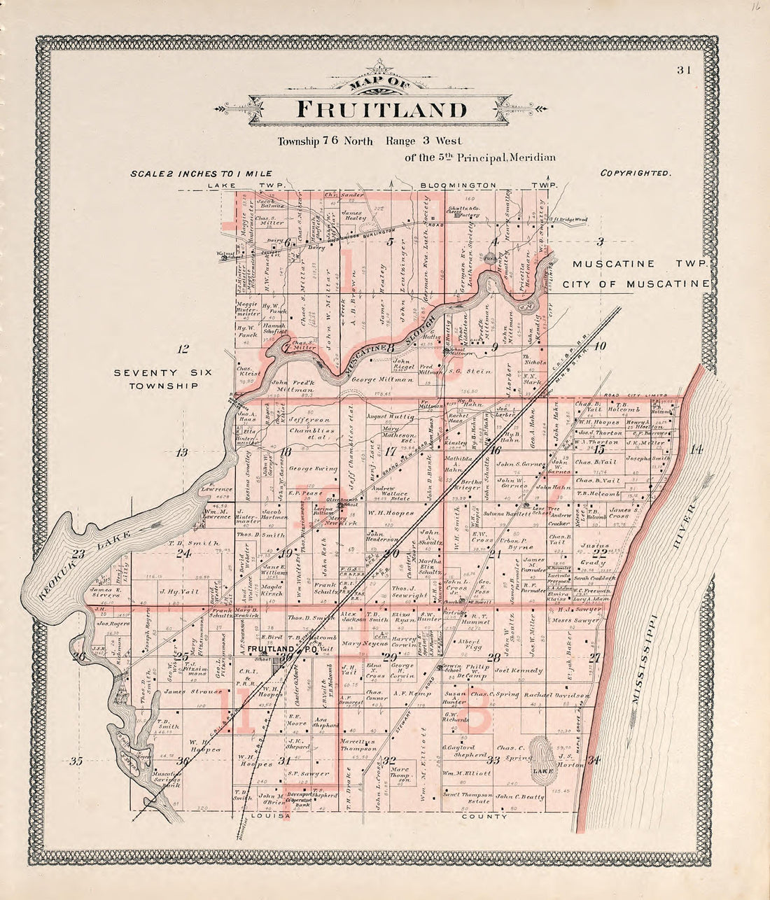 Map of Fruitland from Atlas of Muscatine County, Iowa : Containing Maps of Villages, Cities and Townships of the County, Maps of State, United States and World : Farmers Directory, Business Directory, General Information, Analysis of … 1899 by Relic Map Company