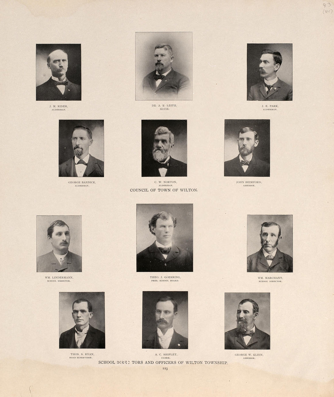 Council of Town of Wilton; School Directors and Officers of Wilton Township from Atlas of Muscatine County, Iowa : Containing Maps of Villages, Cities and Townships of the County, Maps of State, United States and World : Farmers Directory, Business Di... by Relic Map Company