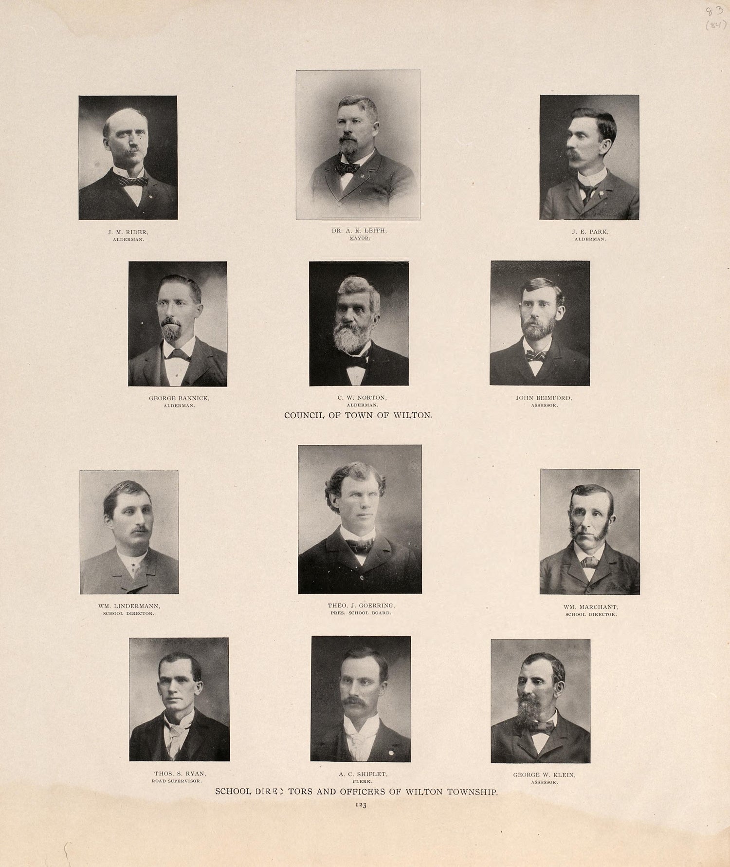 Council of Town of Wilton; School Directors and Officers of Wilton Township from Atlas of Muscatine County, Iowa : Containing Maps of Villages, Cities and Townships of the County, Maps of State, United States and World : Farmers Directory, Business Di... by Relic Map Company
