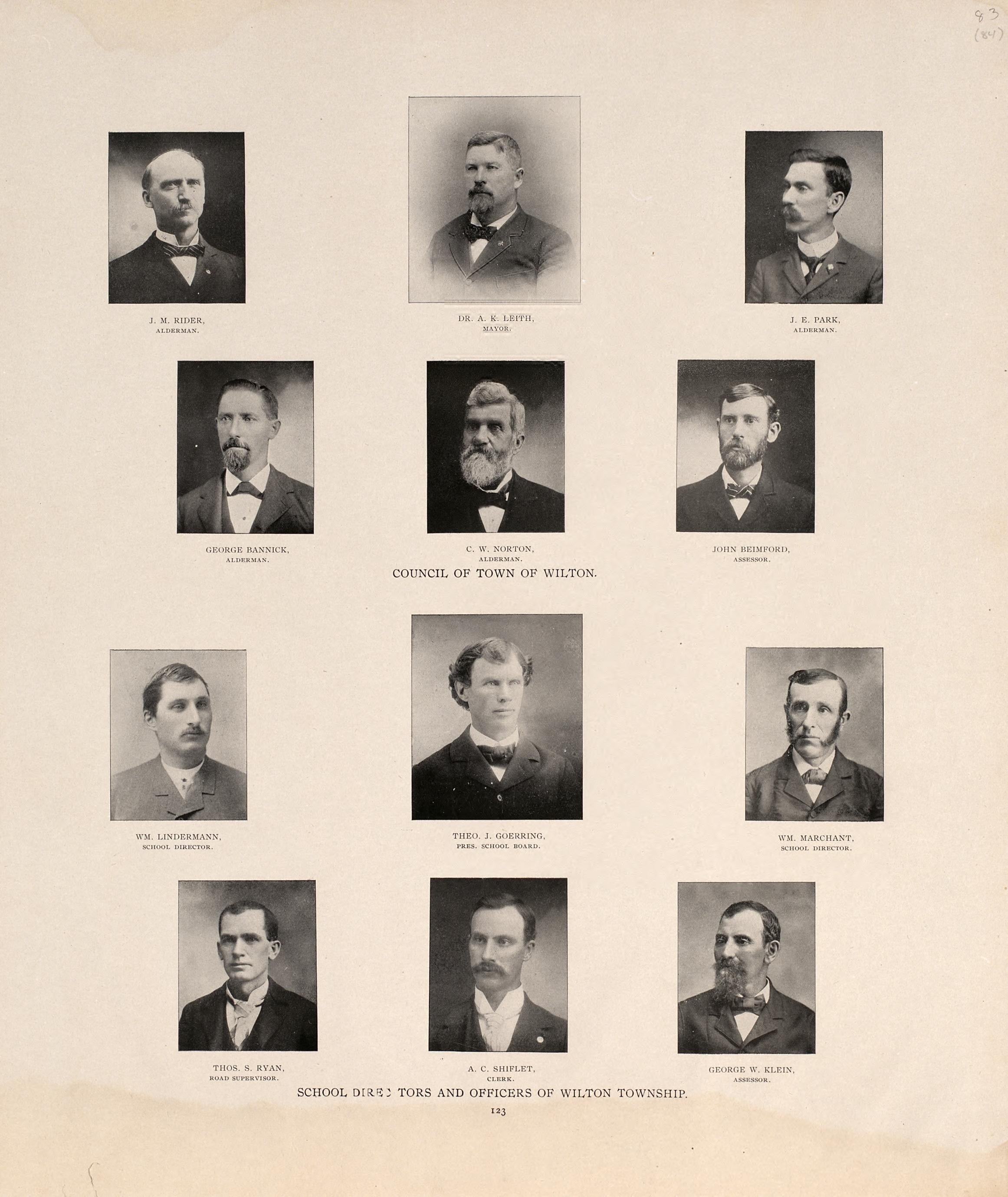 Council of Town of Wilton; School Directors and Officers of Wilton Township from Atlas of Muscatine County, Iowa : Containing Maps of Villages, Cities and Townships of the County, Maps of State, United States and World : Farmers Directory, Business Di... by Relic Map Company