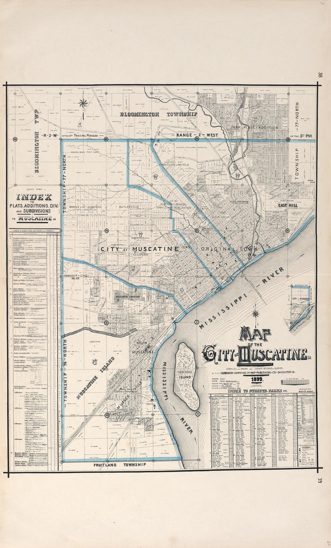 Map of the City of Muscatine from Atlas of Muscatine County, Iowa : Containing Maps of Villages, Cities and Townships of the County, Maps of State, United States and World : Farmers Directory, Business Directory, General Information, Analysis of … 1899 by Relic Map Company
