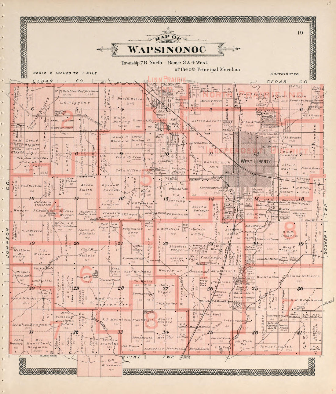 Map of Wapsinonoc from Atlas of Muscatine County, Iowa : Containing Maps of Villages, Cities and Townships of the County, Maps of State, United States and World : Farmers Directory, Business Directory, General Information, Analysis of … 1899 by Relic Map Company