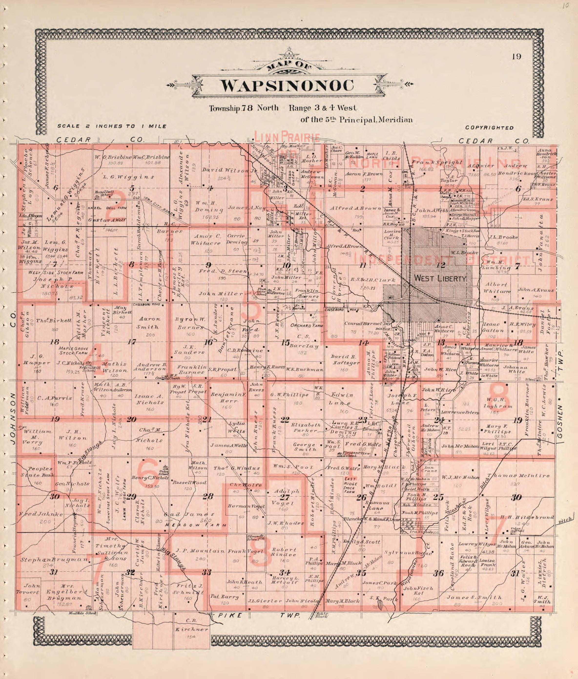 Map of Wapsinonoc from Atlas of Muscatine County, Iowa : Containing Maps of Villages, Cities and Townships of the County, Maps of State, United States and World : Farmers Directory, Business Directory, General Information, Analysis of … 1899 by Relic Map Company