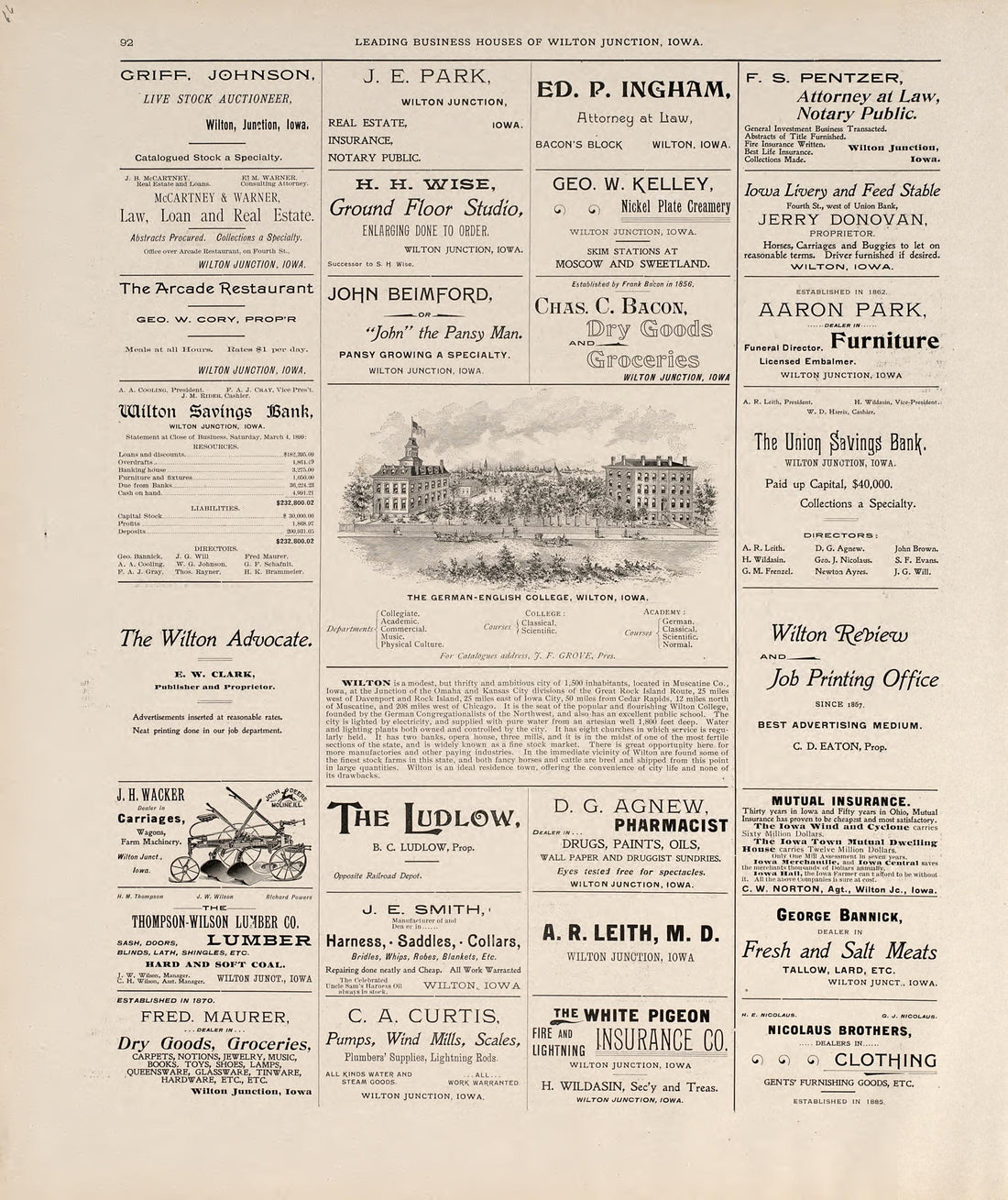 Leading Business Houses of Wilton Junction, Iowa from Atlas of Muscatine County, Iowa : Containing Maps of Villages, Cities and Townships of the County, Maps of State, United States and World : Farmers Directory, Business Directory, General Informatio... by Relic Map Company
