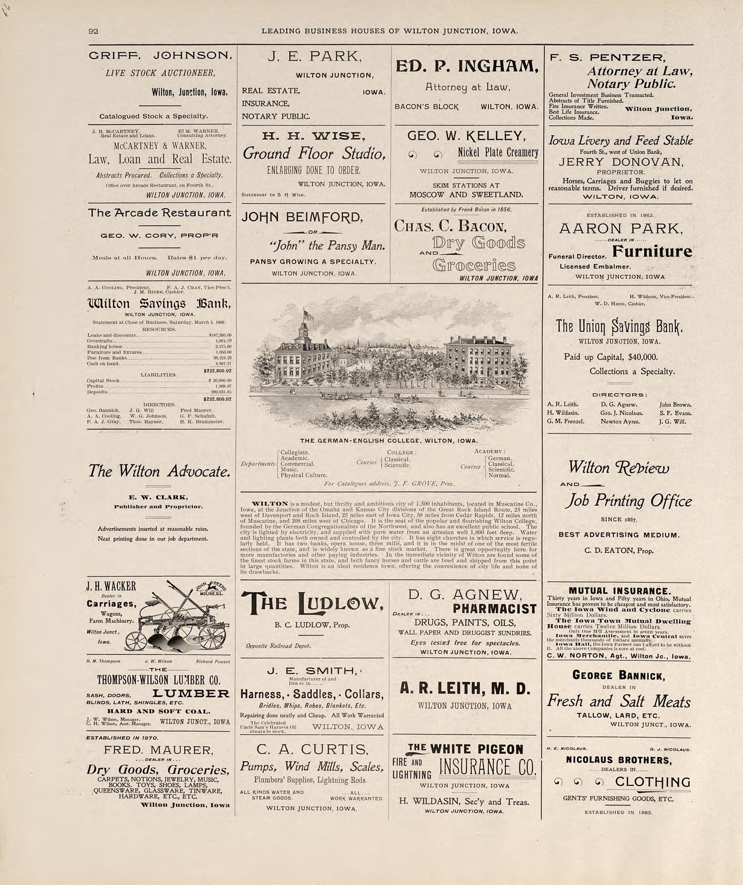 Leading Business Houses of Wilton Junction, Iowa from Atlas of Muscatine County, Iowa : Containing Maps of Villages, Cities and Townships of the County, Maps of State, United States and World : Farmers Directory, Business Directory, General Informatio... by Relic Map Company