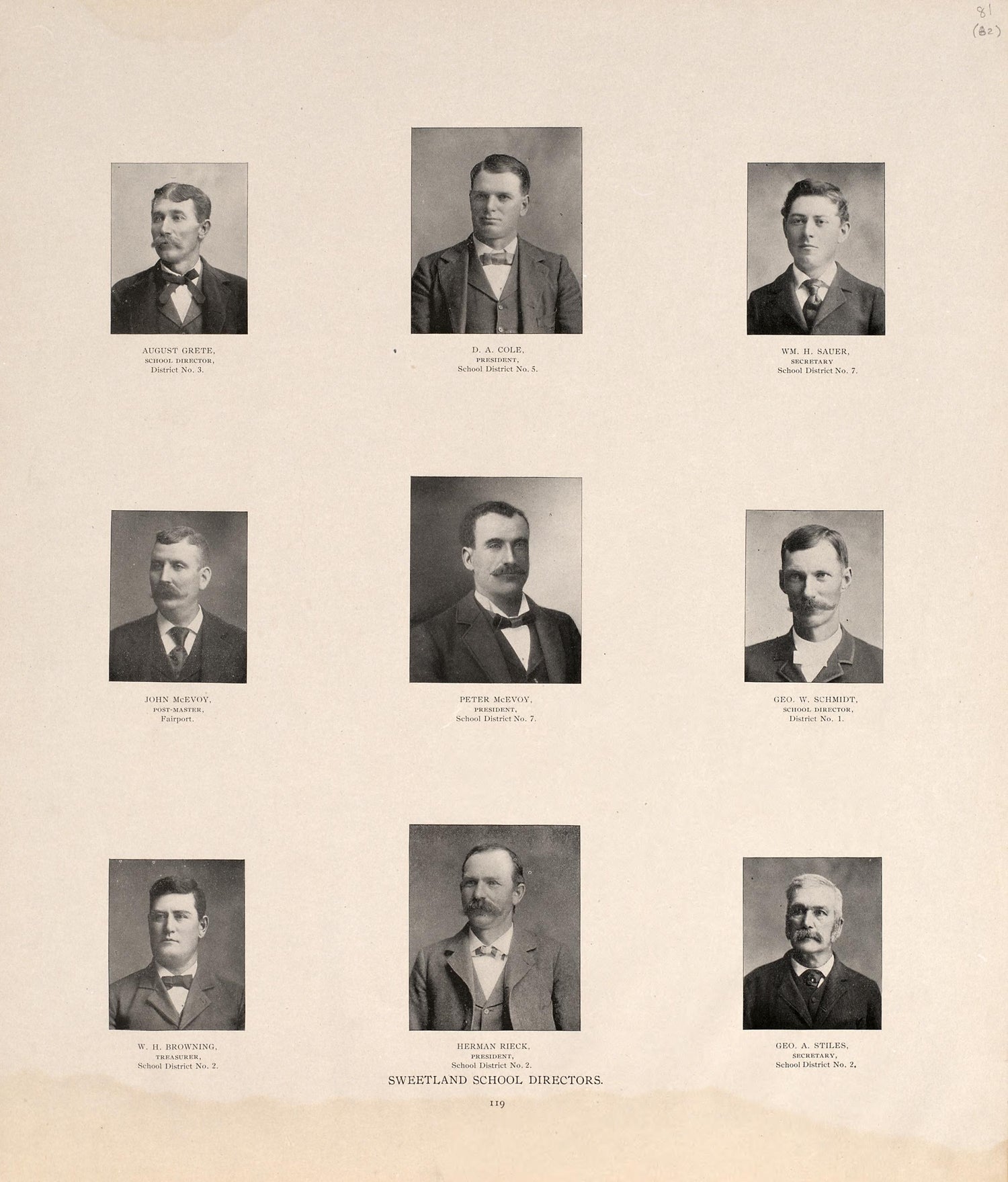 Sweetland School Directors from Atlas of Muscatine County, Iowa : Containing Maps of Villages, Cities and Townships of the County, Maps of State, United States and World : Farmers Directory, Business Directory, General Information, Analysis of … 1899 by Relic Map Company