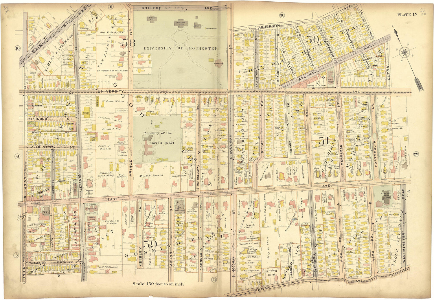Plate 15 from Plat Book, City of Rochester, New York : Carefully Compiled from Official Records and Surveys 1900 by Relic Map Company