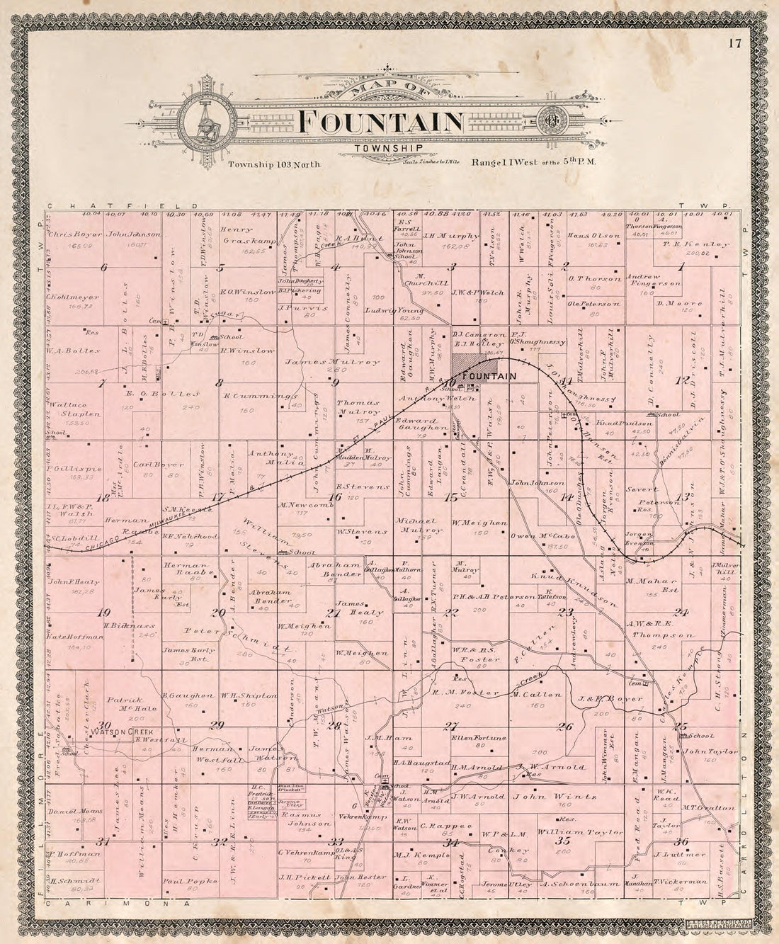 Fountain Township from Standard Atlas of Fillmore County, Minnesota : Including a Plat Book of the Villages, Cities and Townships of the County, Map of the State, United States and World : Farmers Directory, Reference … 1896 by Relic Map Company