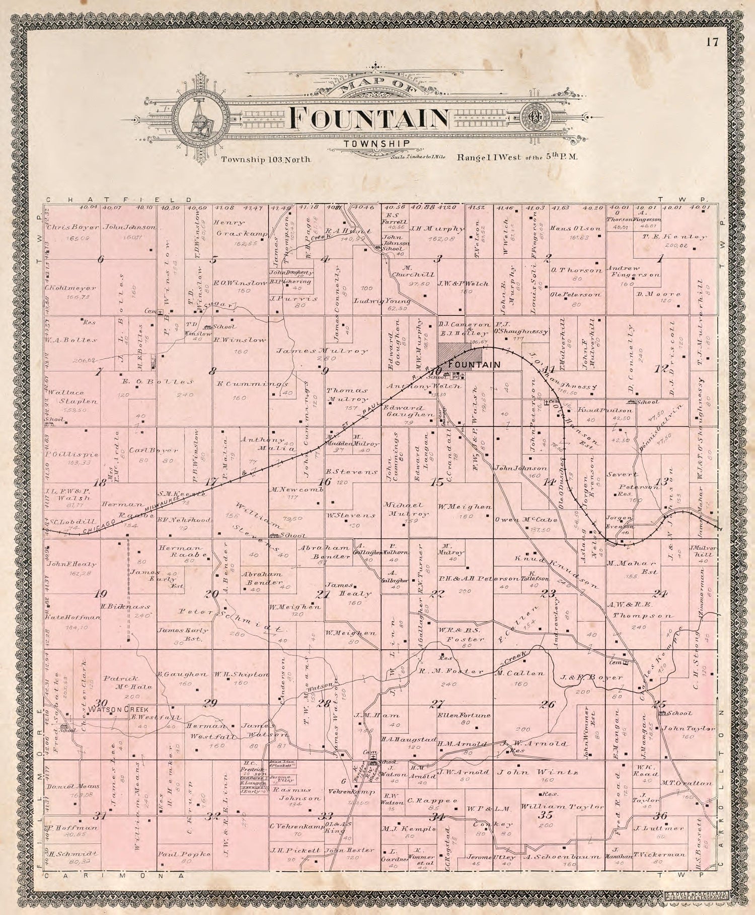 Fountain Township from Standard Atlas of Fillmore County, Minnesota : Including a Plat Book of the Villages, Cities and Townships of the County, Map of the State, United States and World : Farmers Directory, Reference … 1896 by Relic Map Company