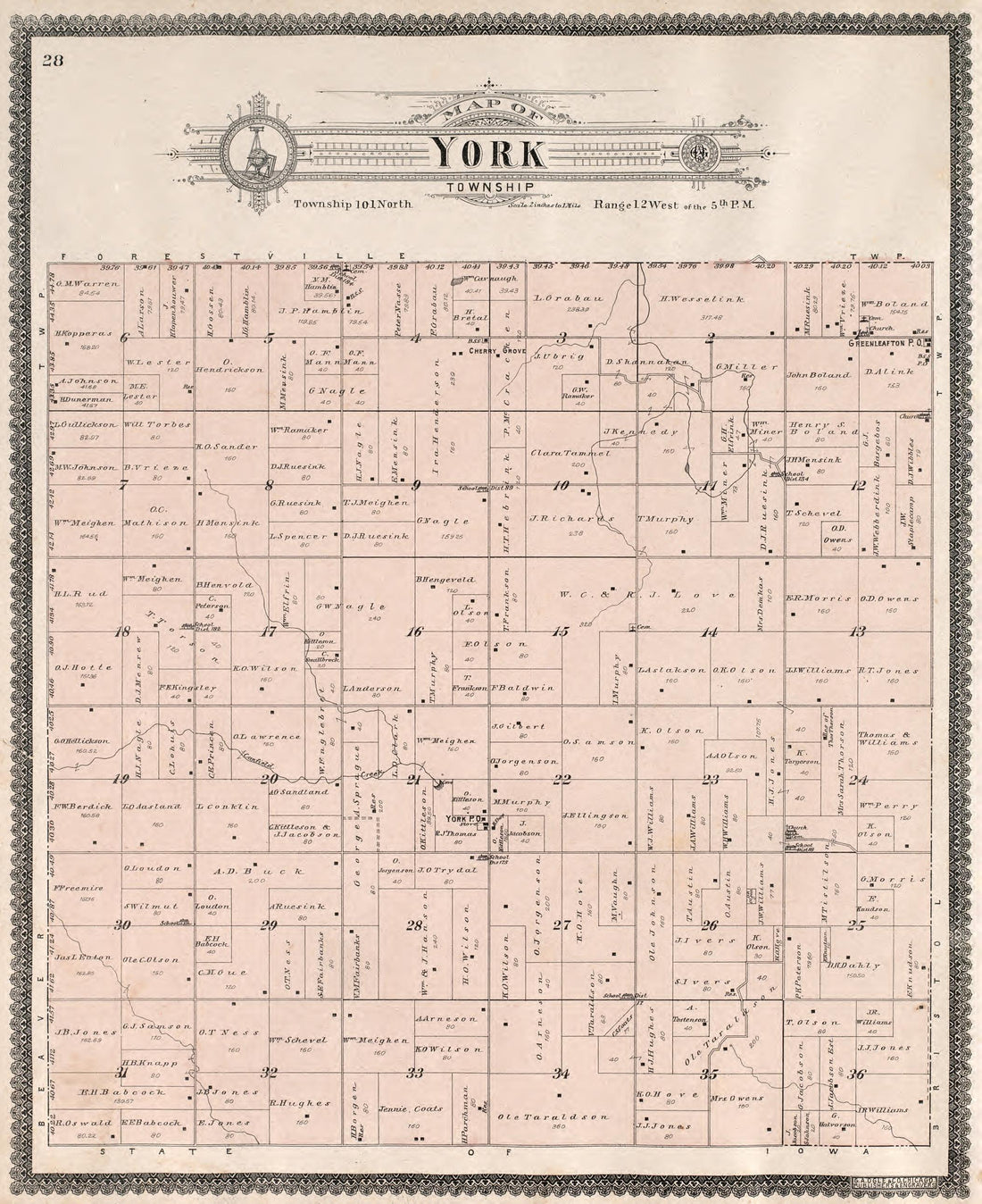 York Township from Standard Atlas of Fillmore County, Minnesota : Including a Plat Book of the Villages, Cities and Townships of the County, Map of the State, United States and World : Farmers Directory, Reference … 1896 by Relic Map Company