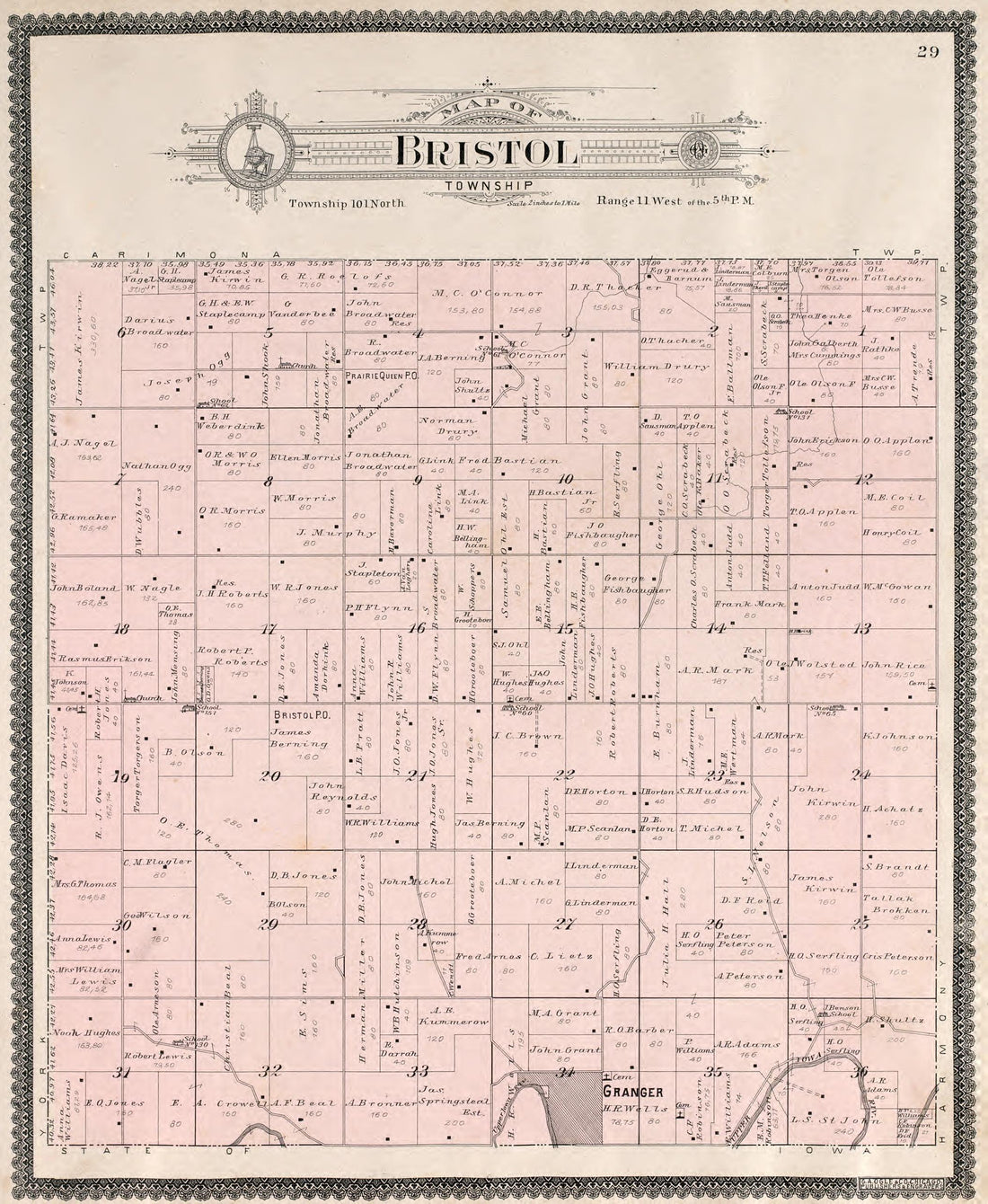 Bristol Township from Standard Atlas of Fillmore County, Minnesota : Including a Plat Book of the Villages, Cities and Townships of the County, Map of the State, United States and World : Farmers Directory, Reference … 1896 by Relic Map Company