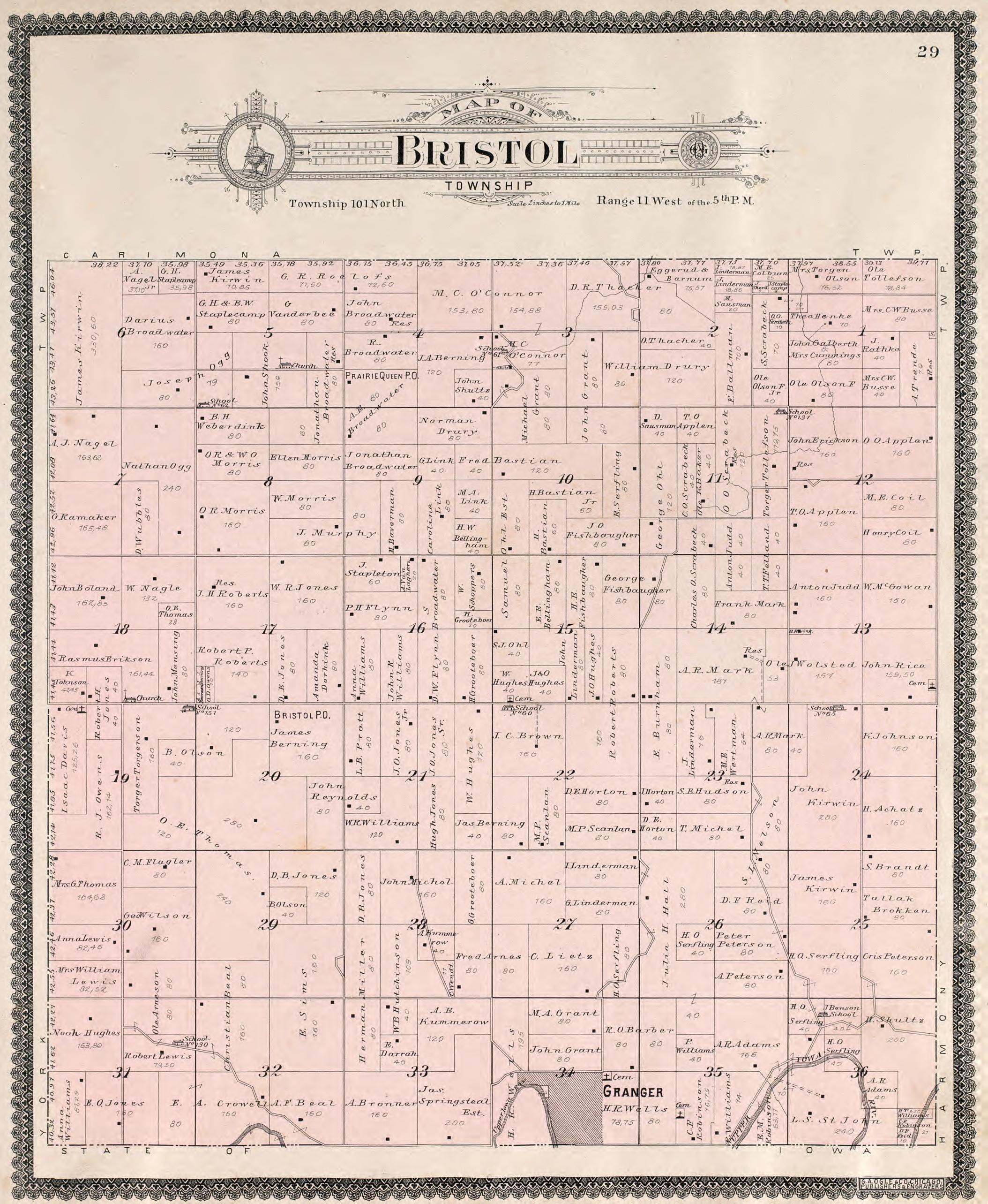 Bristol Township from Standard Atlas of Fillmore County, Minnesota : Including a Plat Book of the Villages, Cities and Townships of the County, Map of the State, United States and World : Farmers Directory, Reference … 1896 by Relic Map Company