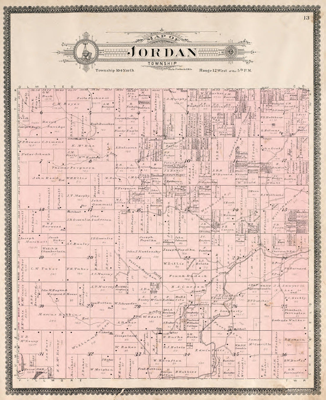 Jordan Township from Standard Atlas of Fillmore County, Minnesota : Including a Plat Book of the Villages, Cities and Townships of the County, Map of the State, United States and World : Farmers Directory, Reference … 1896 by Relic Map Company