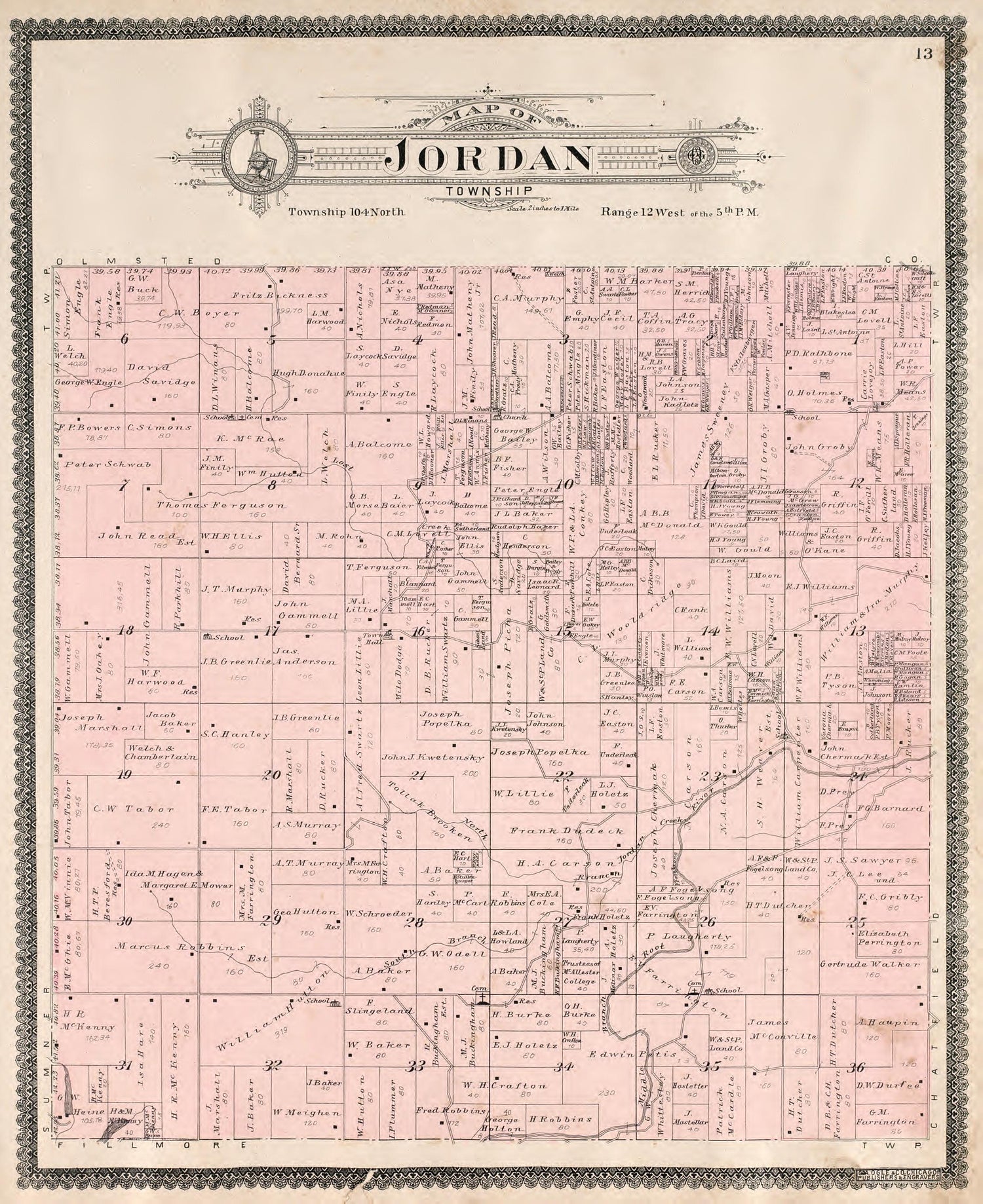 Jordan Township from Standard Atlas of Fillmore County, Minnesota : Including a Plat Book of the Villages, Cities and Townships of the County, Map of the State, United States and World : Farmers Directory, Reference … 1896 by Relic Map Company