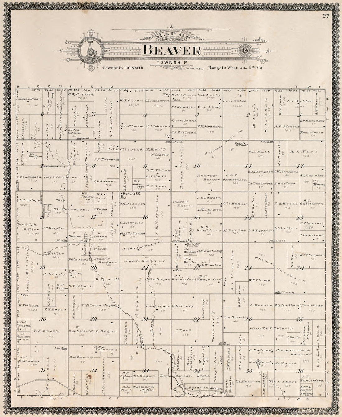 Beaver Township from Standard Atlas of Fillmore County, Minnesota : Including a Plat Book of the Villages, Cities and Townships of the County, Map of the State, United States and World : Farmers Directory, Reference … 1896 by Relic Map Company