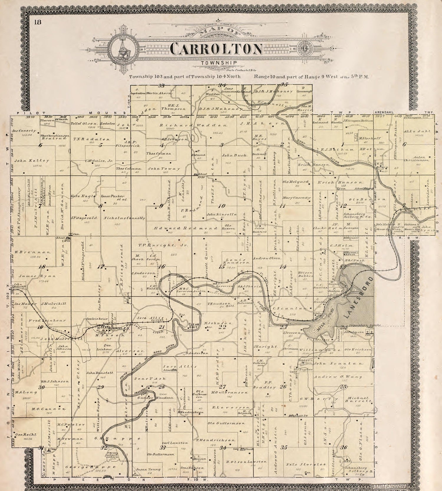 Carrolton Township from Standard Atlas of Fillmore County, Minnesota : Including a Plat Book of the Villages, Cities and Townships of the County, Map of the State, United States and World : Farmers Directory, Reference … 1896 by Relic Map Company