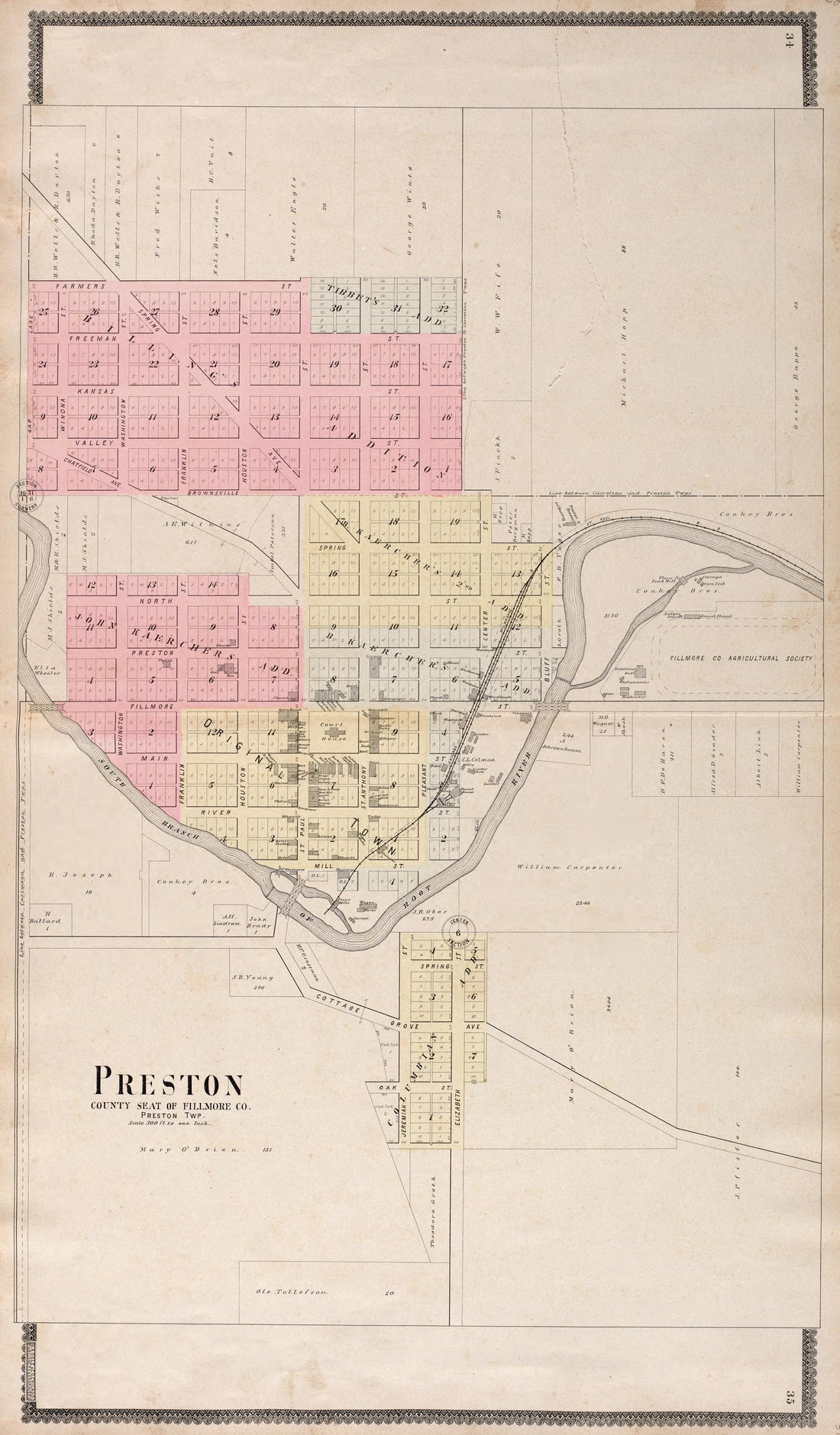 Preston, County Seat of Fillimore County from Standard Atlas of Fillmore County, Minnesota : Including a Plat Book of the Villages, Cities and Townships of the County, Map of the State, United States and World : Farmers Directory, Reference … 1896 by Relic Map Company