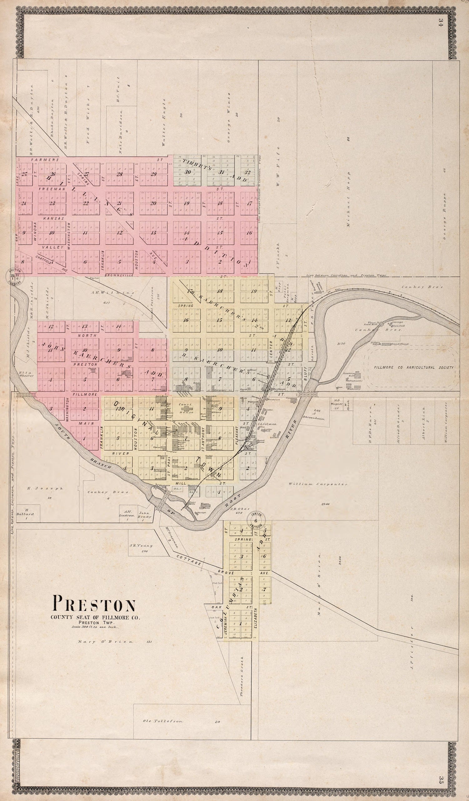 Preston, County Seat of Fillimore County from Standard Atlas of Fillmore County, Minnesota : Including a Plat Book of the Villages, Cities and Townships of the County, Map of the State, United States and World : Farmers Directory, Reference … 1896 by Relic Map Company