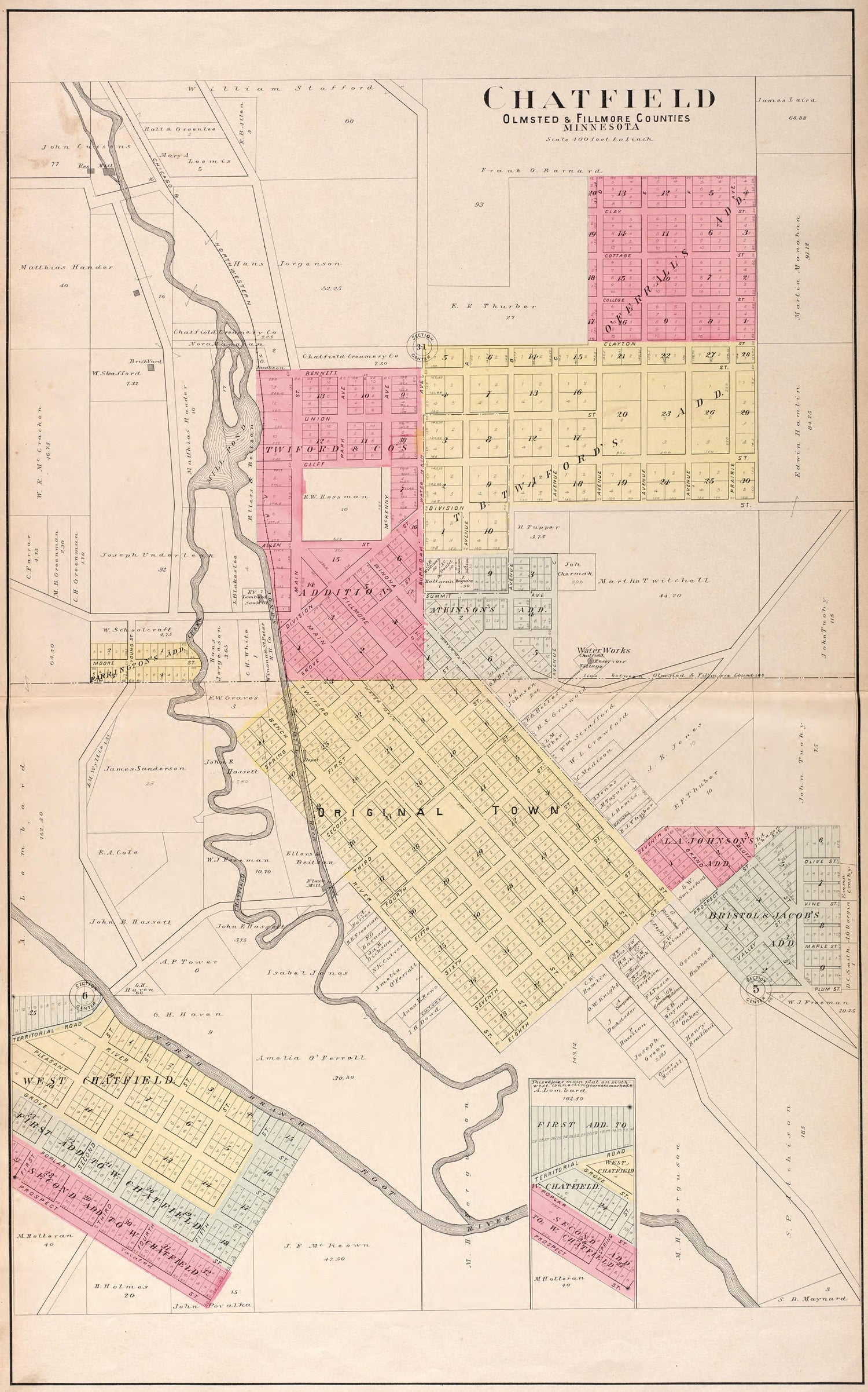 Chatfield (Olmsted &amp; Fillmore Cos.) from Standard Atlas of Fillmore County, Minnesota : Including a Plat Book of the Villages, Cities and Townships of the County, Map of the State, United States and World : Farmers Directory, Reference … 1896 by Relic Map Company