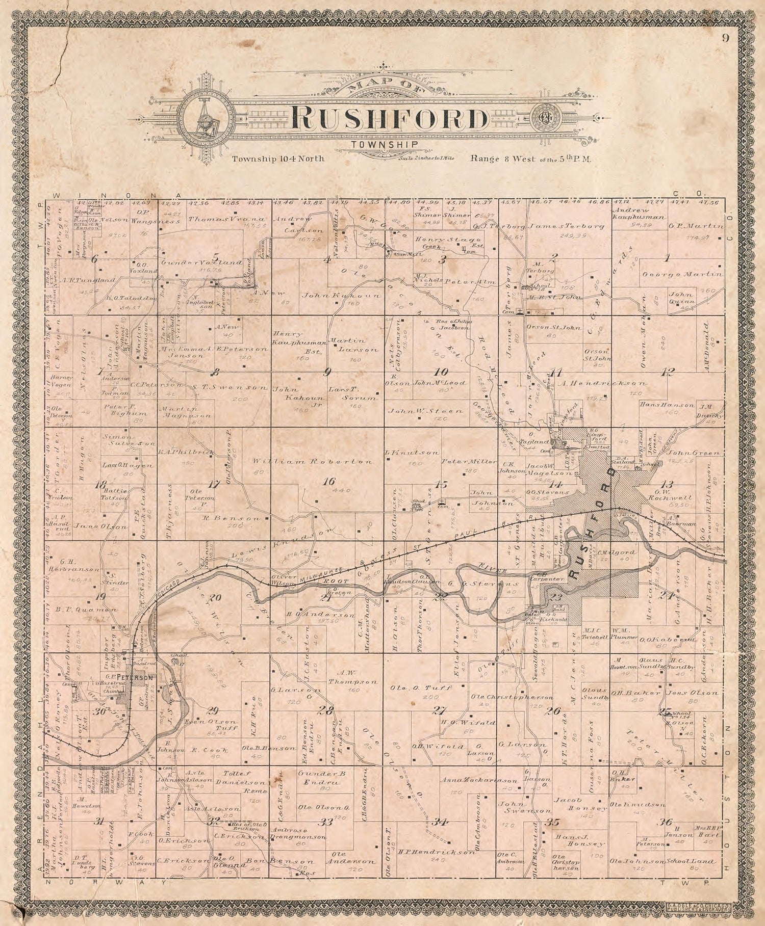 Rushford Township from Standard Atlas of Fillmore County, Minnesota : Including a Plat Book of the Villages, Cities and Townships of the County, Map of the State, United States and World : Farmers Directory, Reference … 1896 by Relic Map Company