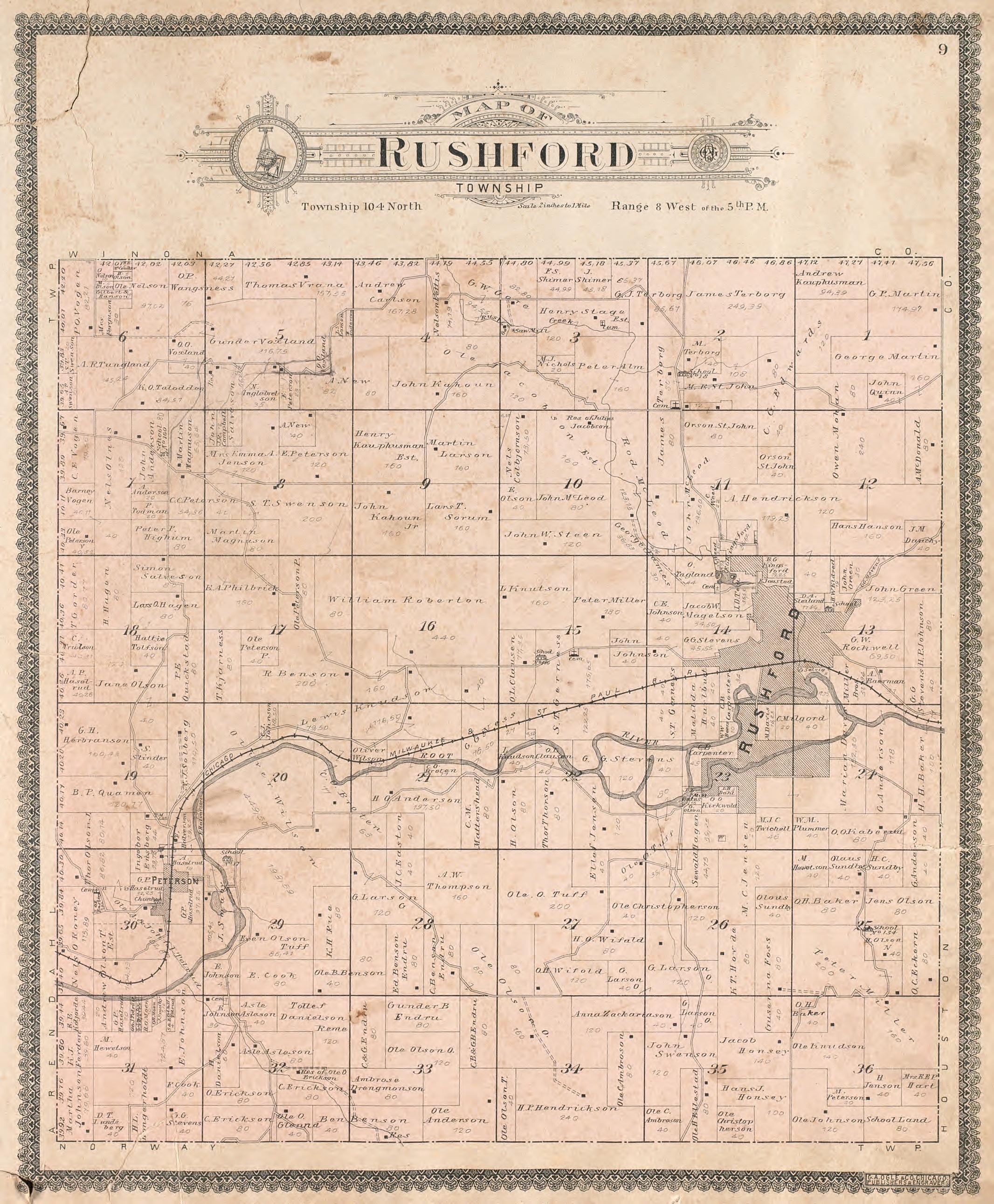 Rushford Township from Standard Atlas of Fillmore County, Minnesota : Including a Plat Book of the Villages, Cities and Townships of the County, Map of the State, United States and World : Farmers Directory, Reference … 1896 by Relic Map Company