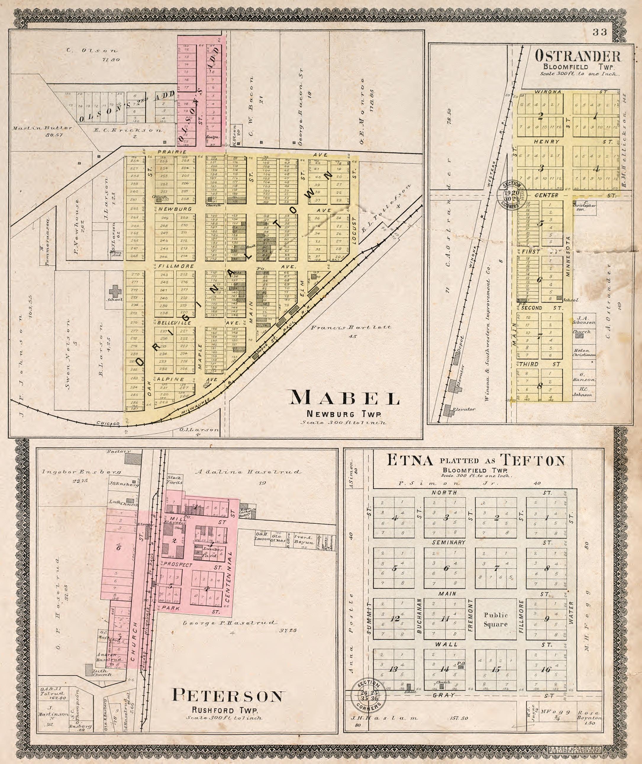 Mabel, Peterson, Ostrander, &amp; Etna (Tefton) from Standard Atlas of Fillmore County, Minnesota : Including a Plat Book of the Villages, Cities and Townships of the County, Map of the State, United States and World : Farmers Directory, Reference … 1896 by Relic Map Company