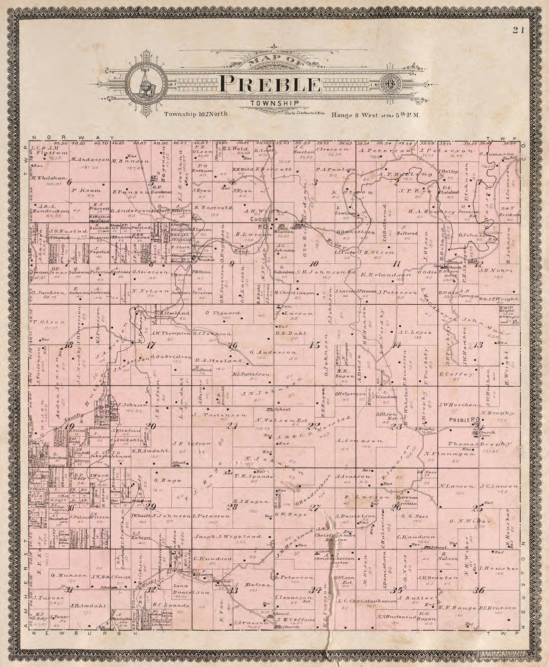 Preble Township from Standard Atlas of Fillmore County, Minnesota : Including a Plat Book of the Villages, Cities and Townships of the County, Map of the State, United States and World : Farmers Directory, Reference … 1896 by Relic Map Company