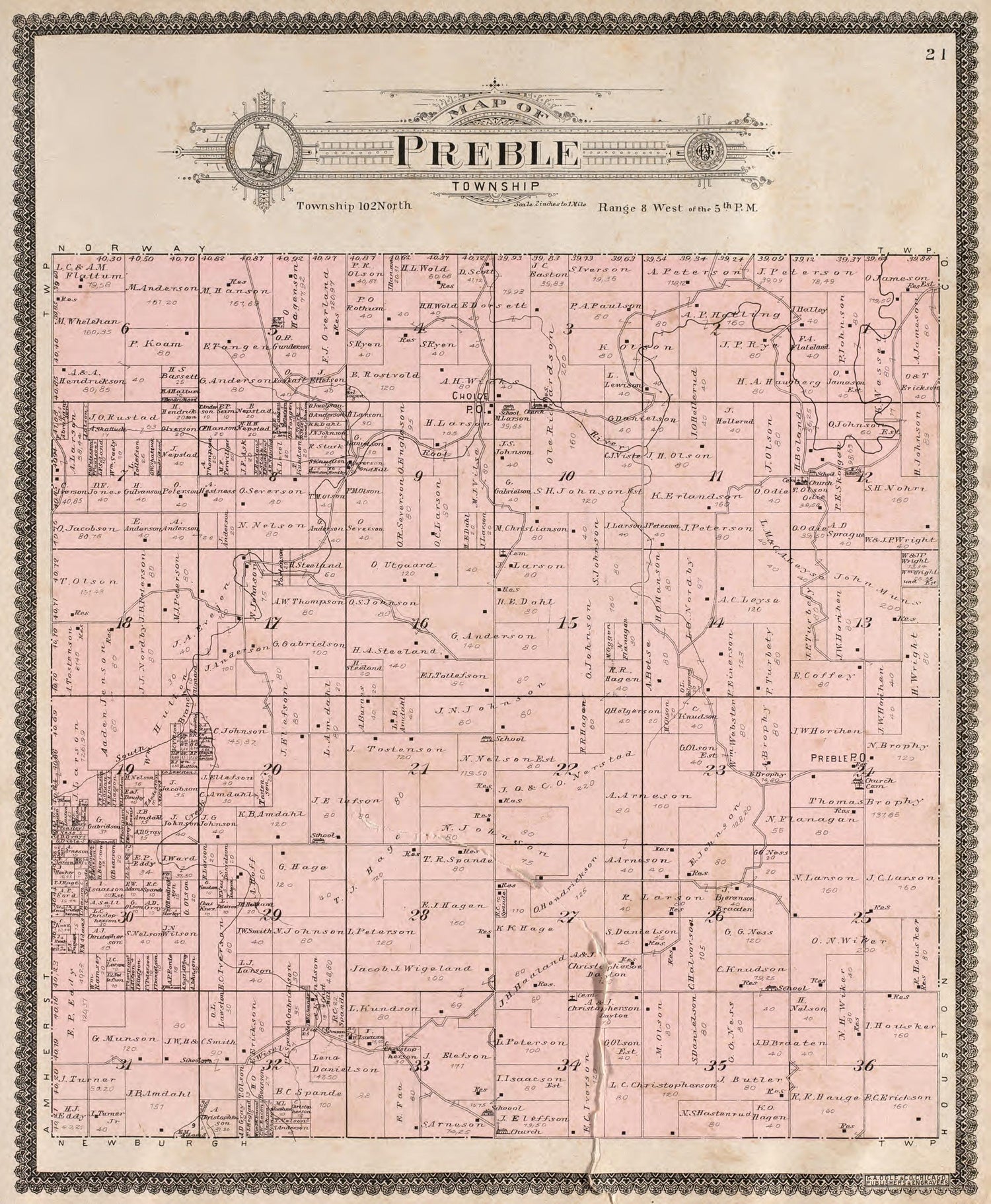 Preble Township from Standard Atlas of Fillmore County, Minnesota : Including a Plat Book of the Villages, Cities and Townships of the County, Map of the State, United States and World : Farmers Directory, Reference … 1896 by Relic Map Company