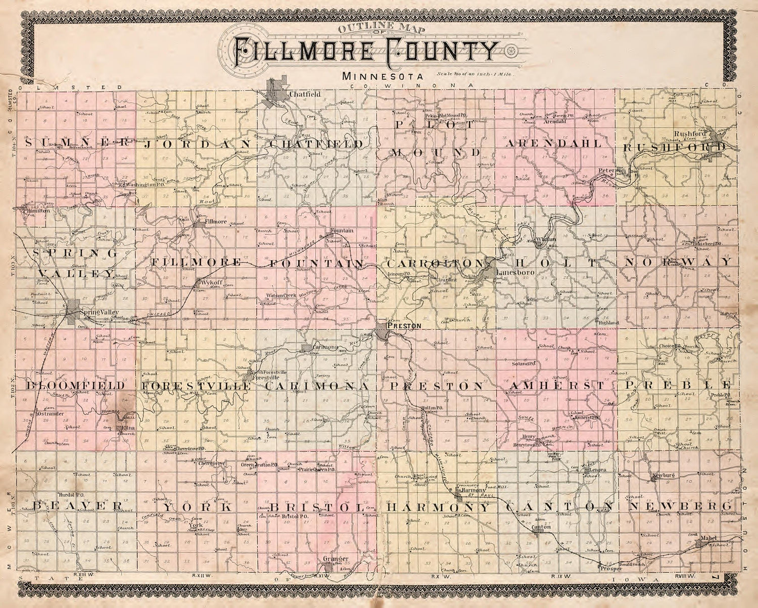 Outline Map of Fillmore County from Standard Atlas of Fillmore County, Minnesota : Including a Plat Book of the Villages, Cities and Townships of the County, Map of the State, United States and World : Farmers Directory, Reference … 1896 by Relic Map Company