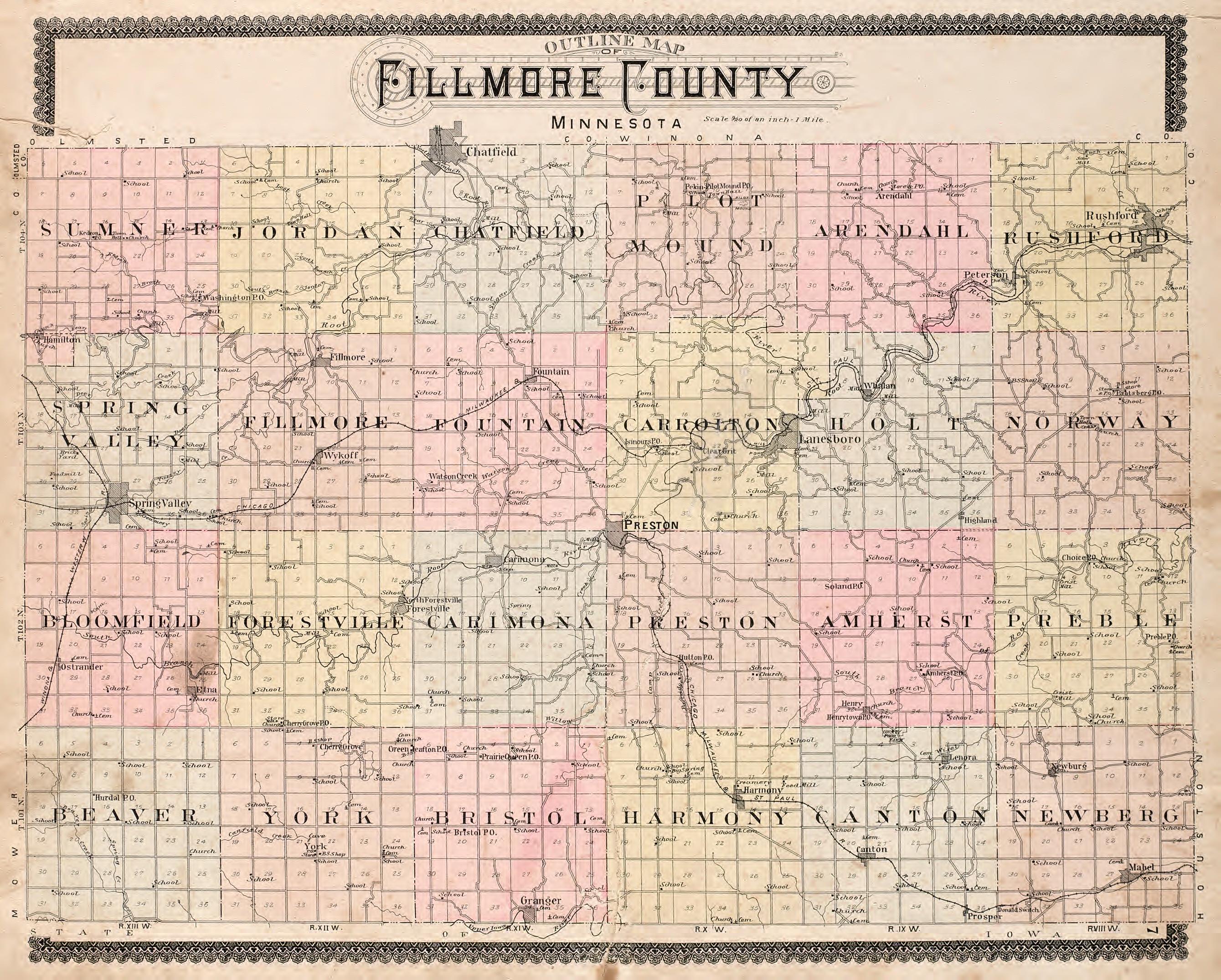 Outline Map of Fillmore County from Standard Atlas of Fillmore County, Minnesota : Including a Plat Book of the Villages, Cities and Townships of the County, Map of the State, United States and World : Farmers Directory, Reference … 1896 by Relic Map Company